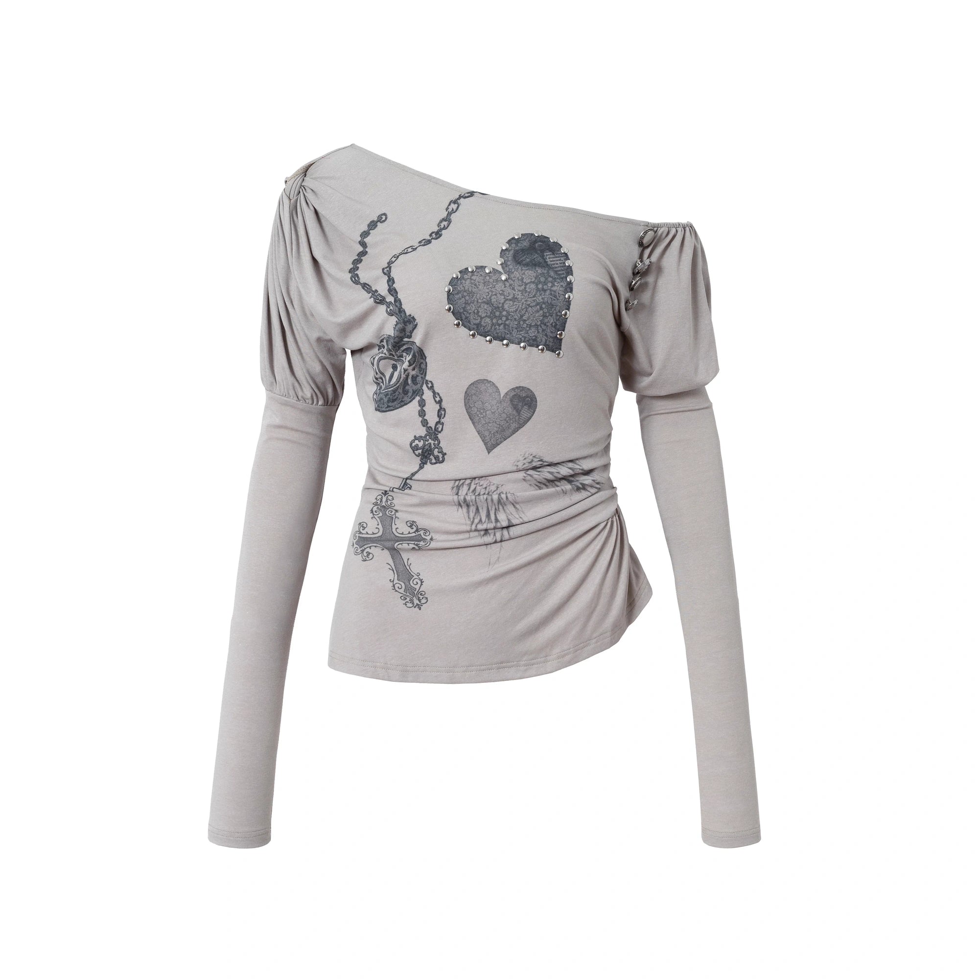 NO_ROMANCE_Stretchy_Knit_Asymmetric_Neck_Slim_Long_Sleeve_Women_Cross_Heart_Graphic_T-Shirt_MISSTT