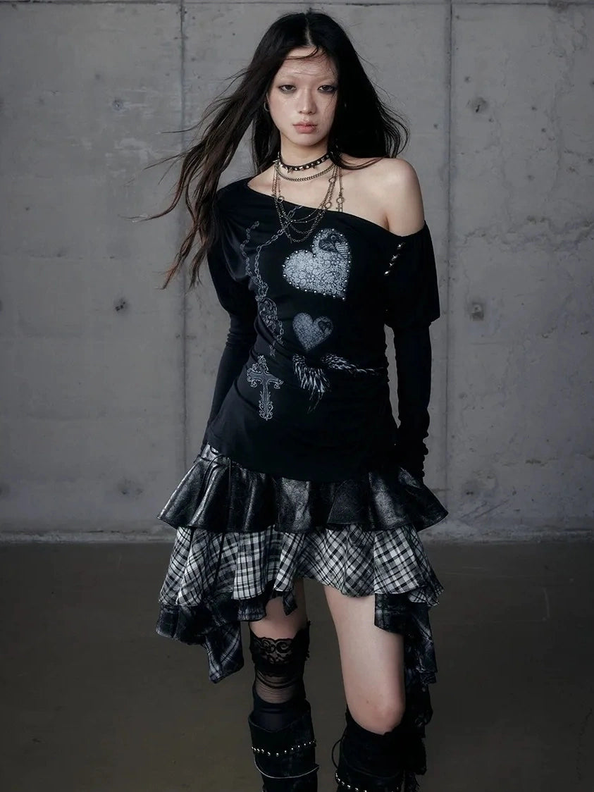 NO ROMANCE Stretchy Knit Asymmetric Neck Slim Long Sleeve Women Cross Heart Graphic T-Shirt