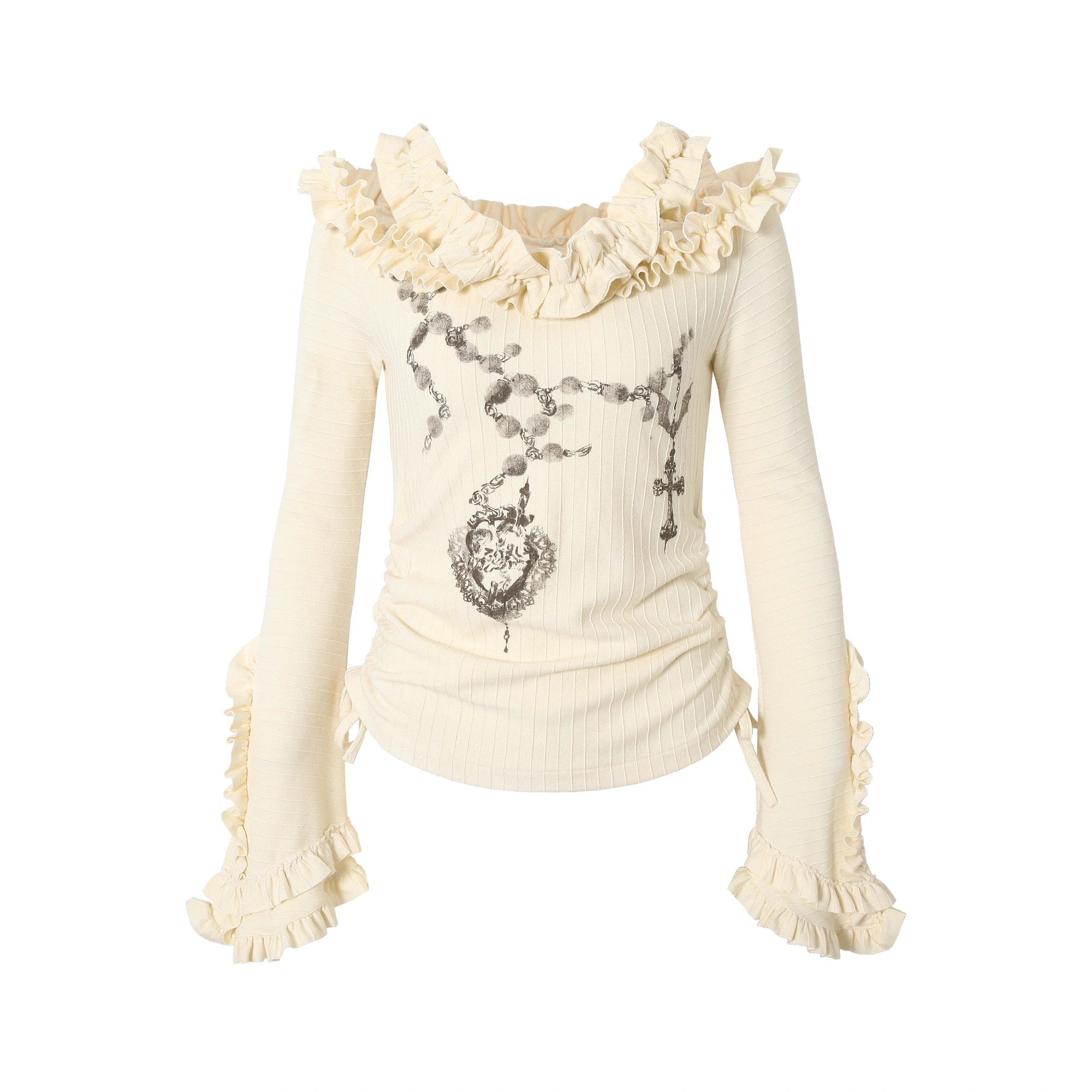 NO_ROMANCE_Stretchy_Knit_Off_Shoulder_Slim_Fit_Bell_Sleeve_Women_Casual_Heart_Print_Blouse_MISSTT