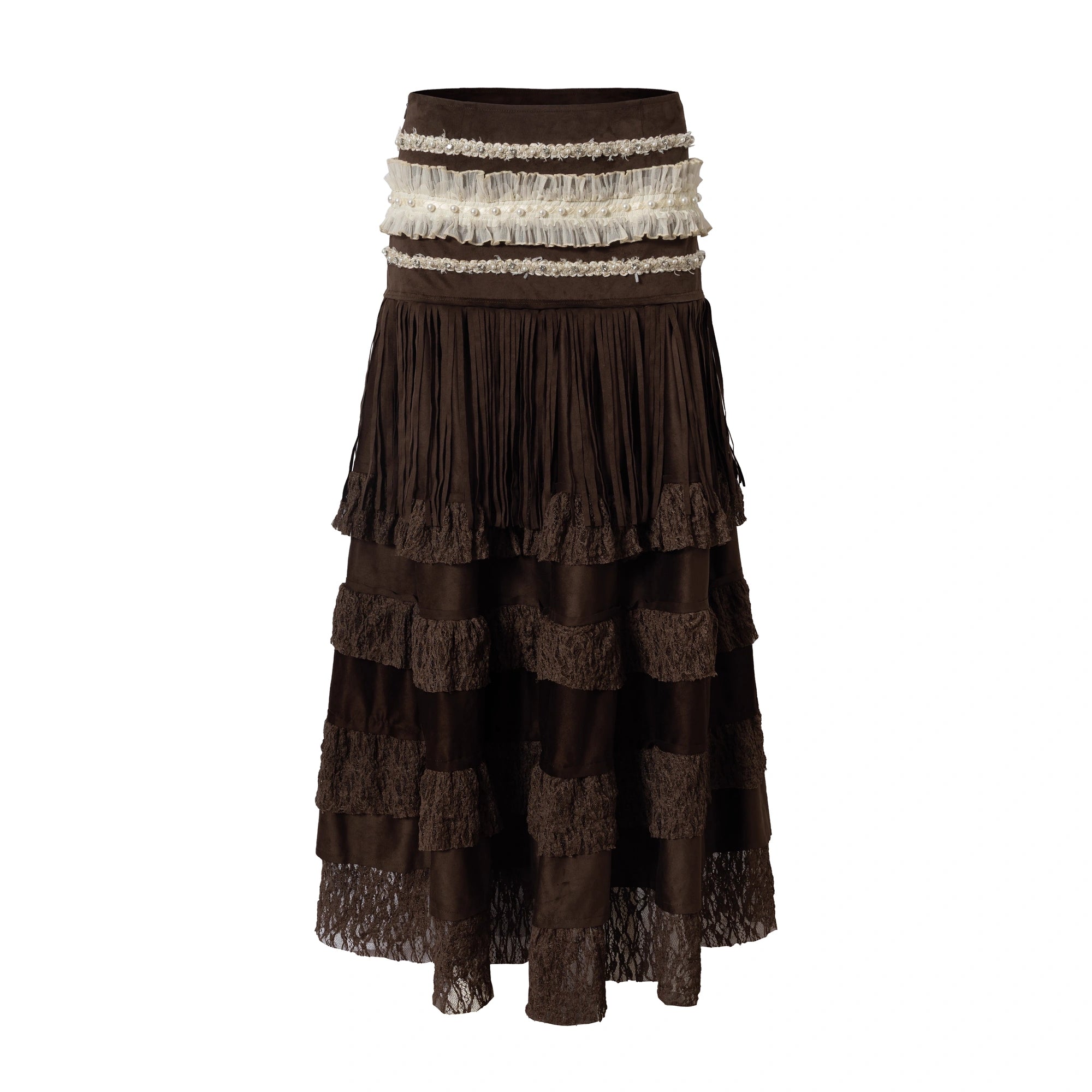 NO_ROMANCE_Tassel_Fringe_High_Waist_A_Line_Palace_Style_Women_Brown_Non_Stretch_Skirt_MISSTT