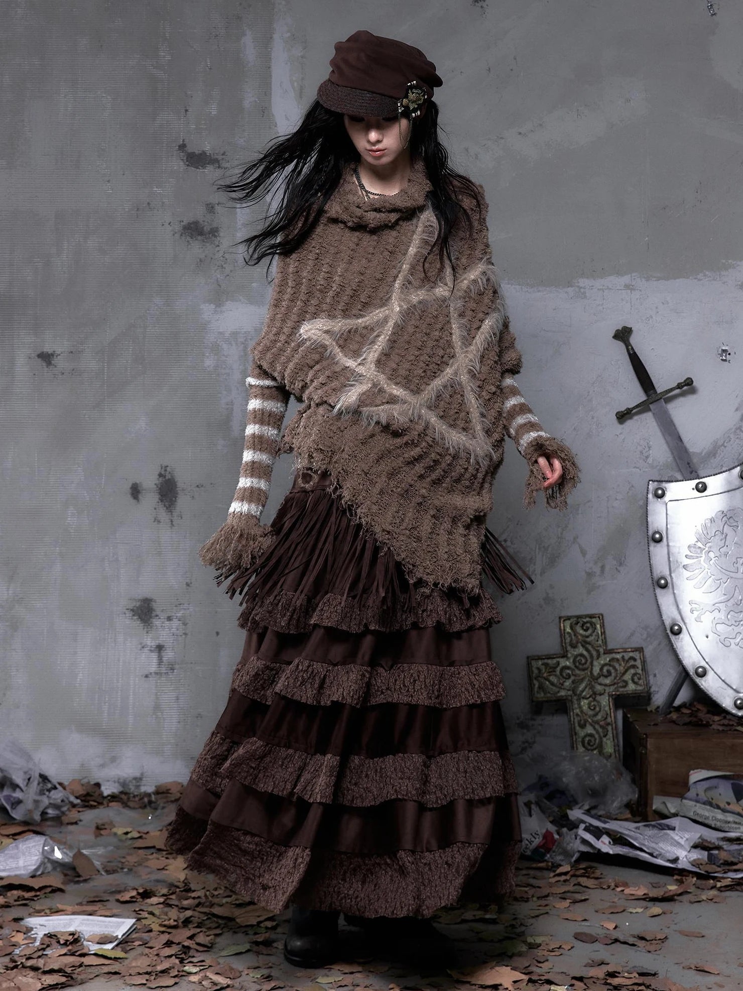 NO ROMANCE Tassel Fringe High Waist A Line Palace Style Women Brown Non Stretch Skirt