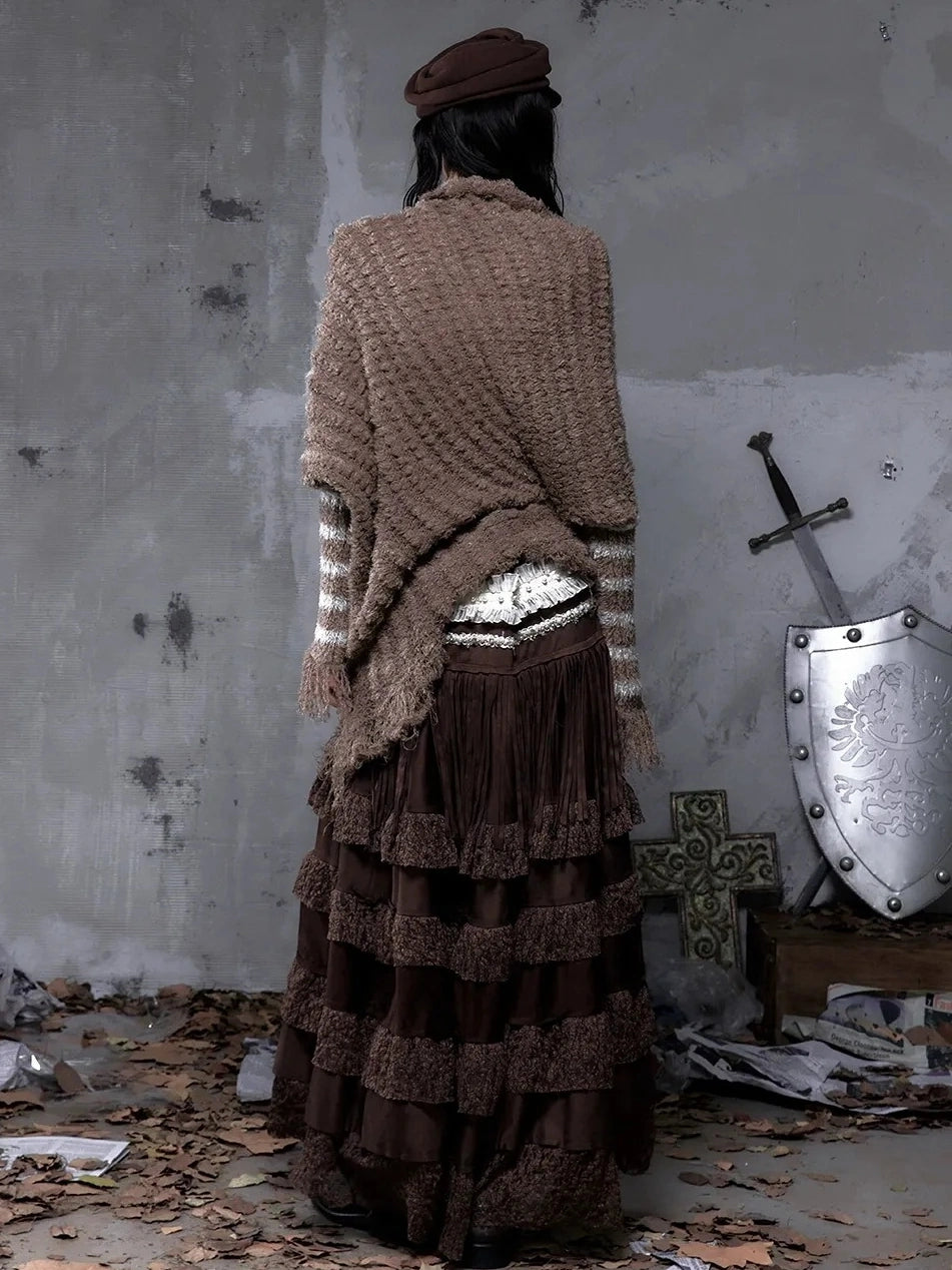 NO ROMANCE Tassel Fringe High Waist A Line Palace Style Women Brown Non Stretch Skirt