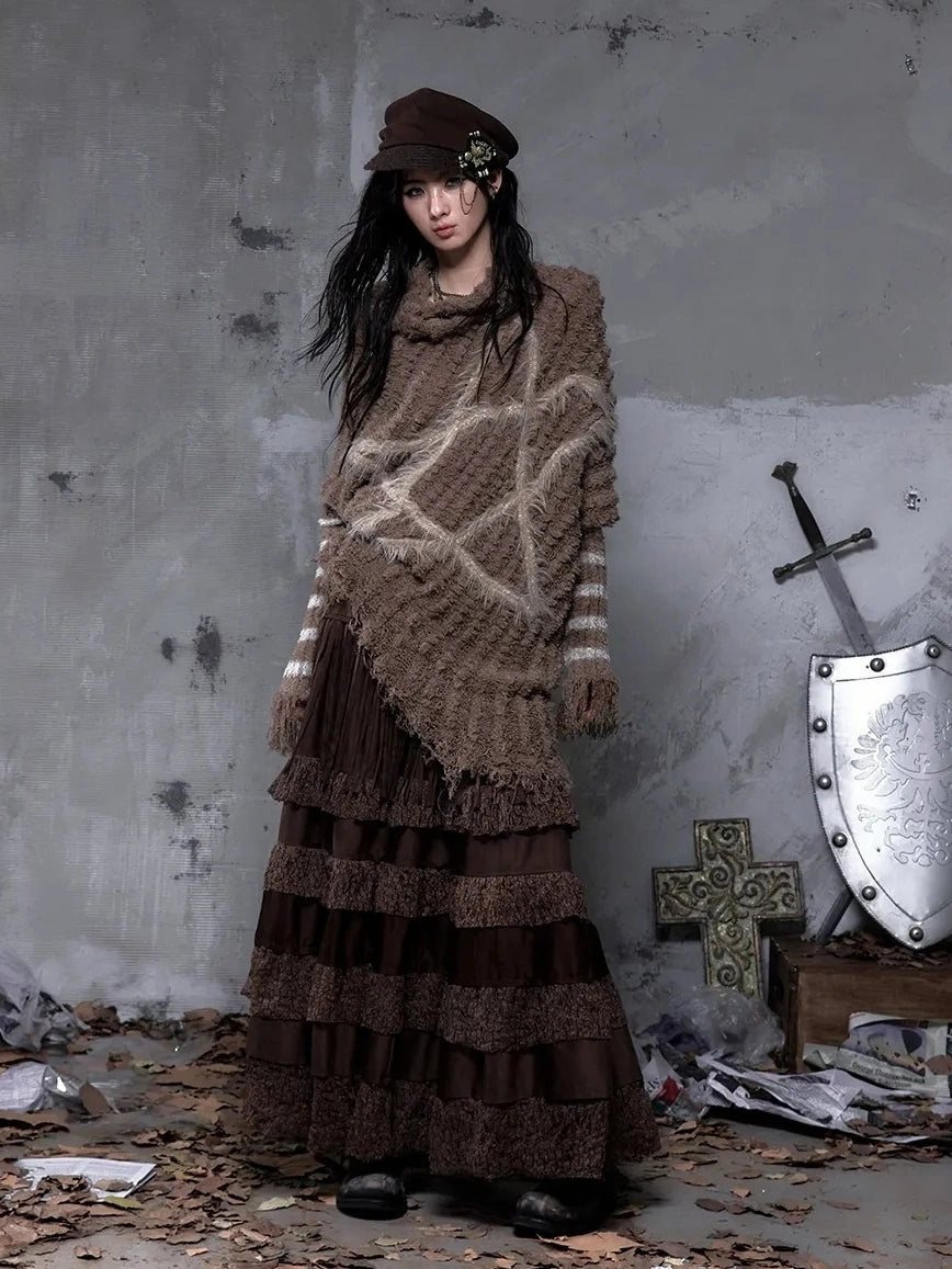 NO ROMANCE Tassel Fringe High Waist A Line Palace Style Women Brown Non Stretch Skirt