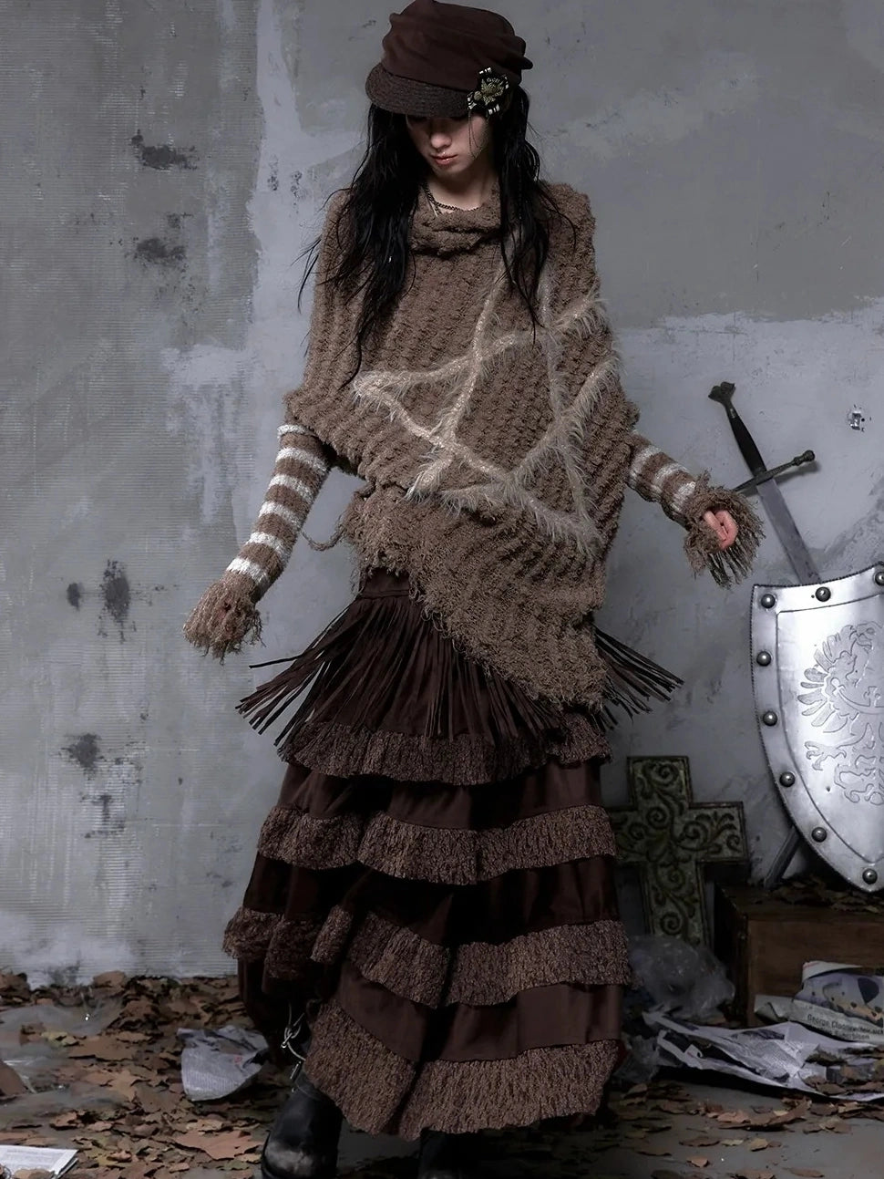 NO ROMANCE Tassel Fringe High Waist A Line Palace Style Women Brown Non Stretch Skirt