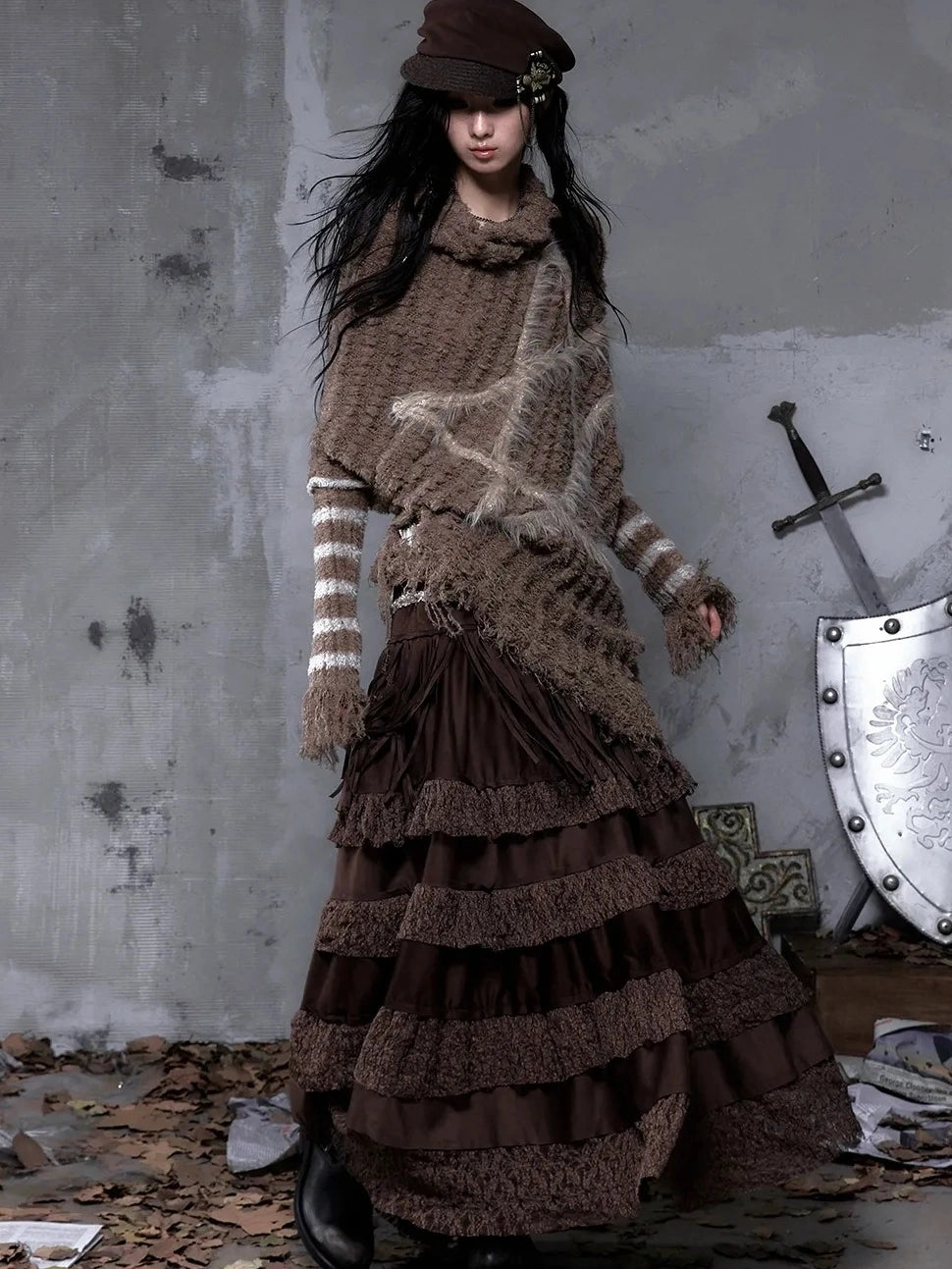 NO ROMANCE Tassel Fringe High Waist A Line Palace Style Women Brown Non Stretch Skirt