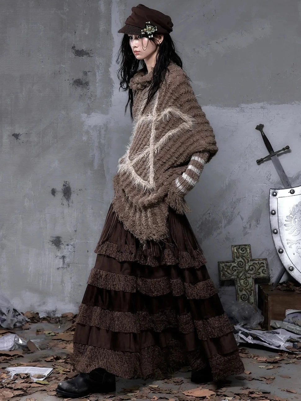 NO ROMANCE Tassel Fringe High Waist A Line Palace Style Women Brown Non Stretch Skirt