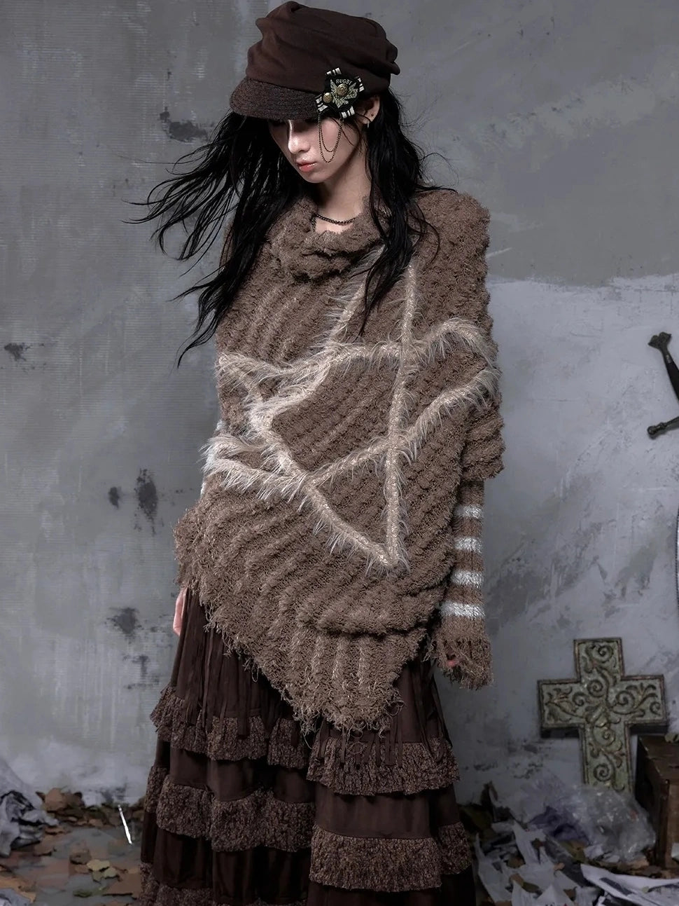 NO ROMANCE Tassel Fringe High Waist A Line Palace Style Women Brown Non Stretch Skirt