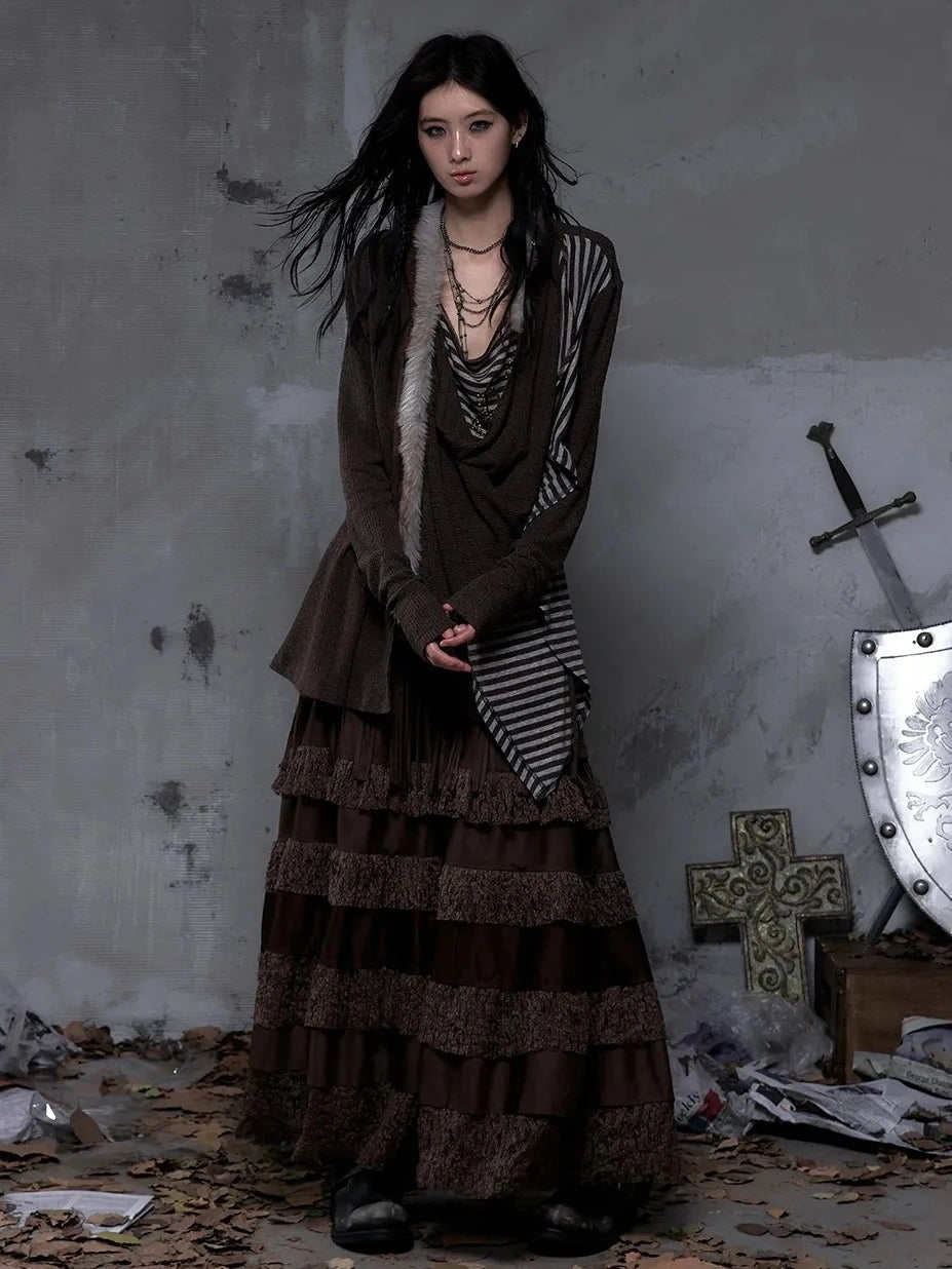 NO ROMANCE Tassel Fringe High Waist A Line Palace Style Women Brown Non Stretch Skirt