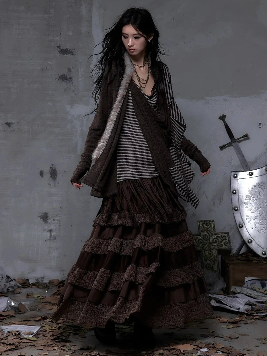 NO ROMANCE Tassel Fringe High Waist A Line Palace Style Women Brown Non Stretch Skirt