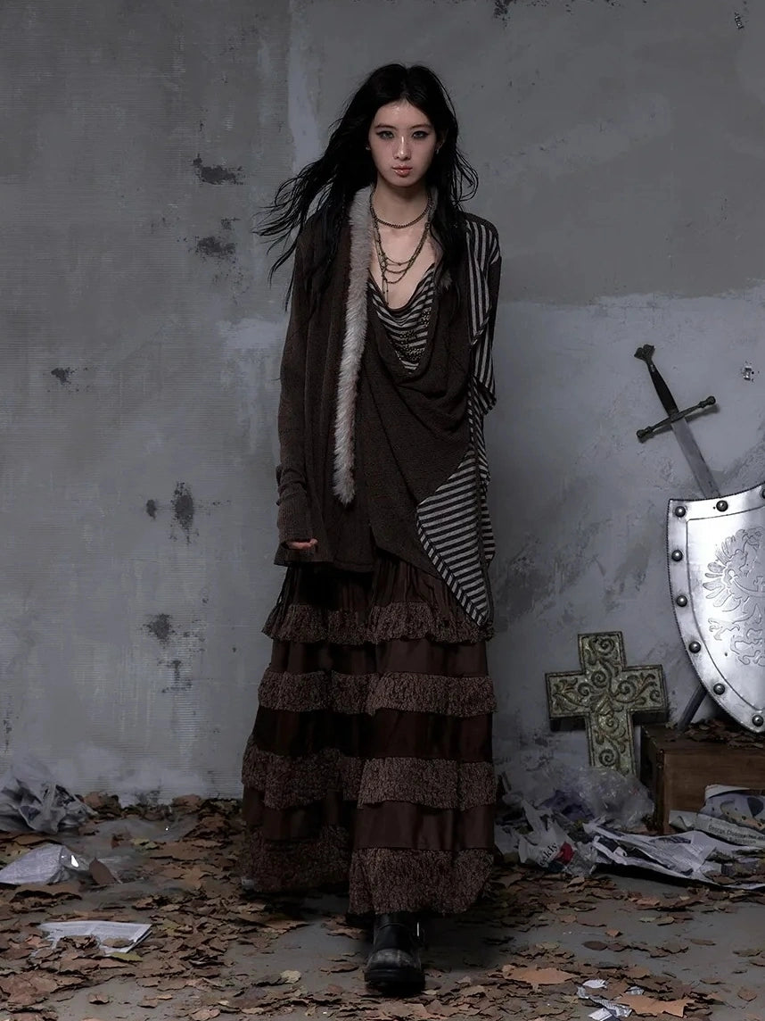 NO ROMANCE Tassel Fringe High Waist A Line Palace Style Women Brown Non Stretch Skirt