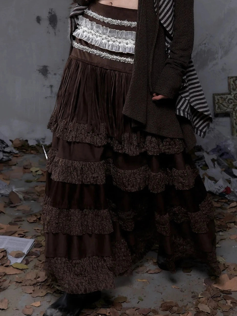 NO ROMANCE Tassel Fringe High Waist A Line Palace Style Women Brown Non Stretch Skirt