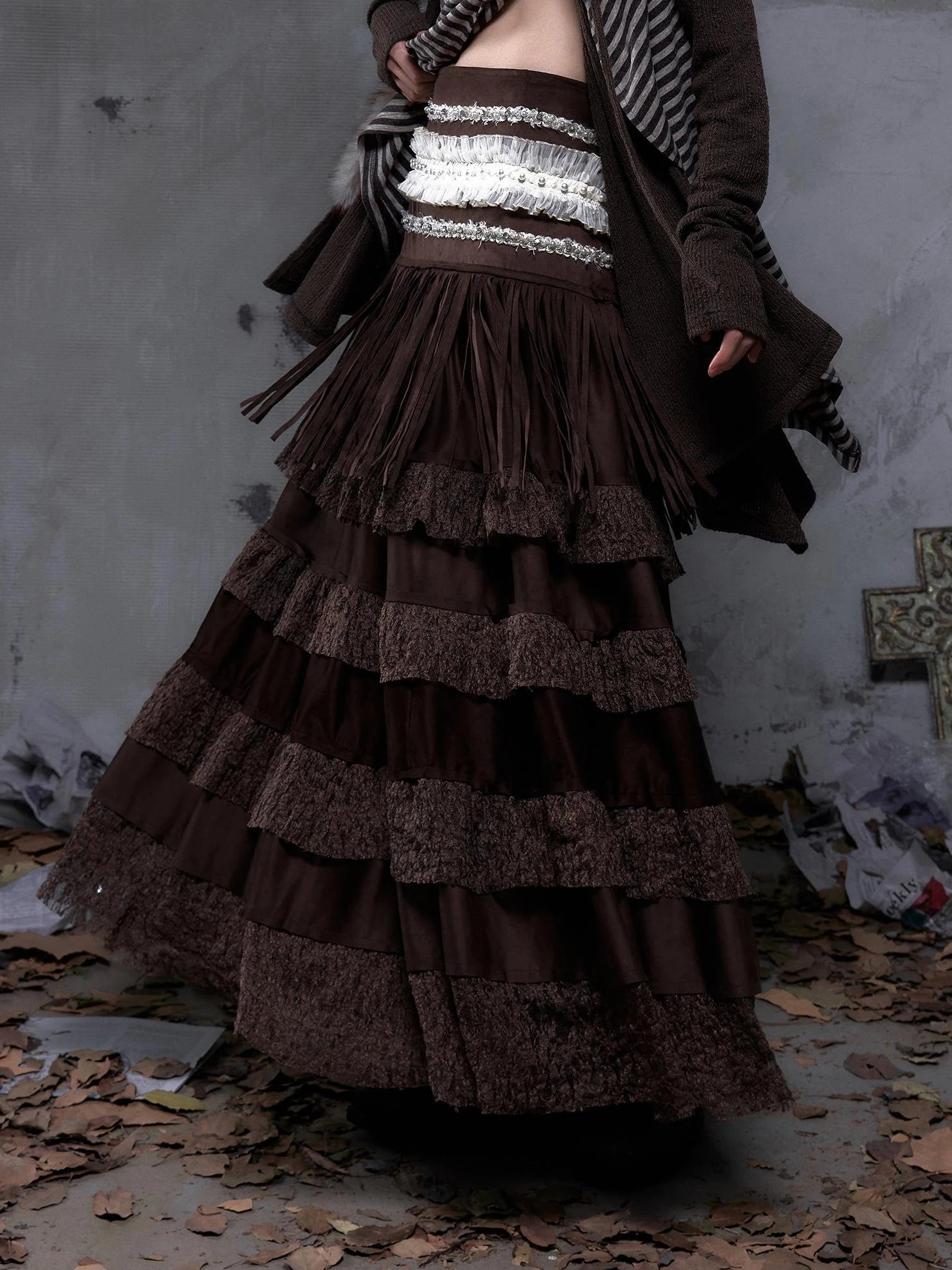 NO ROMANCE Tassel Fringe High Waist A Line Palace Style Women Brown Non Stretch Skirt