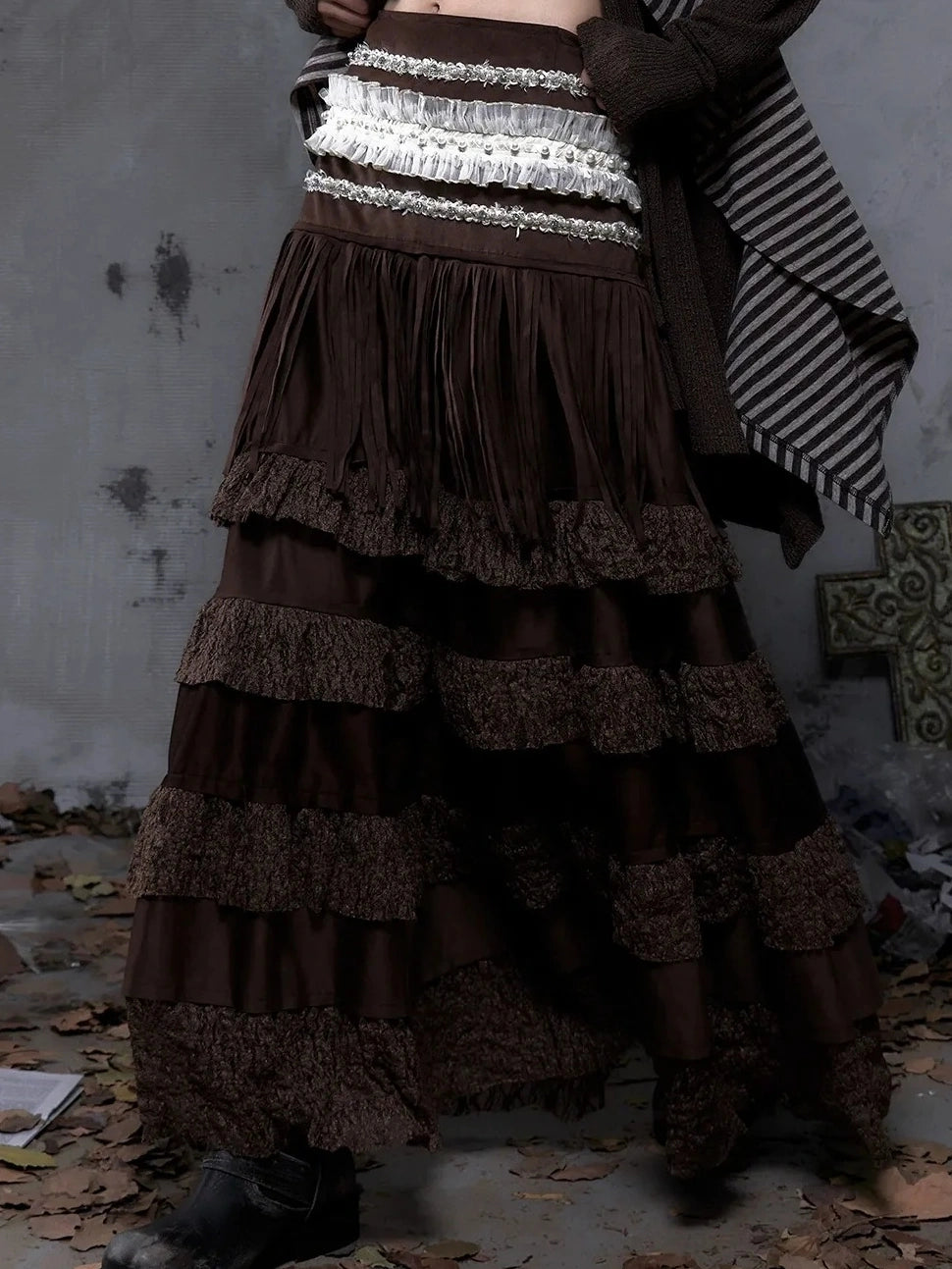 NO ROMANCE Tassel Fringe High Waist A Line Palace Style Women Brown Non Stretch Skirt