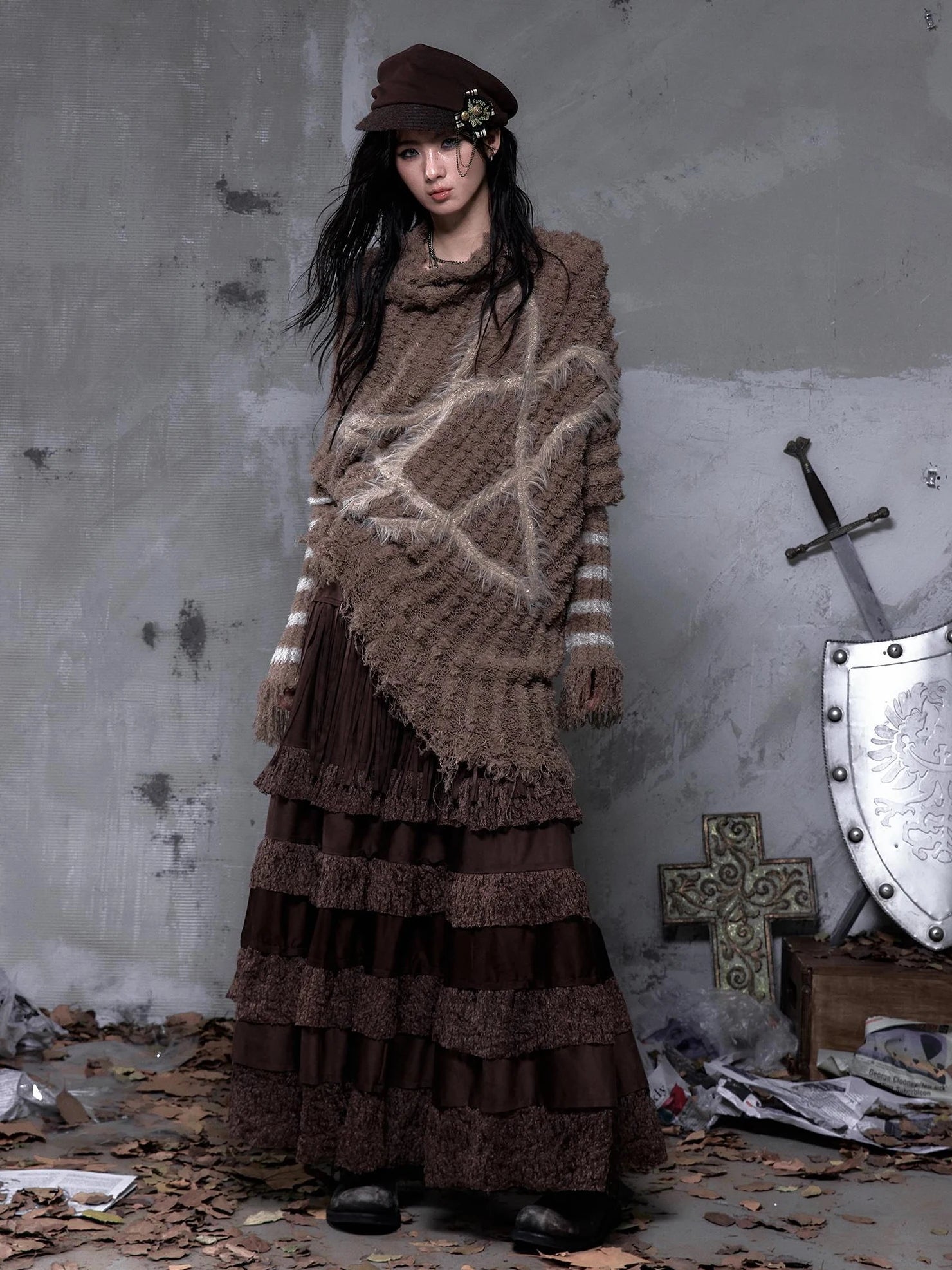 NO ROMANCE Tassel Fringe High Waist A Line Palace Style Women Brown Non Stretch Skirt