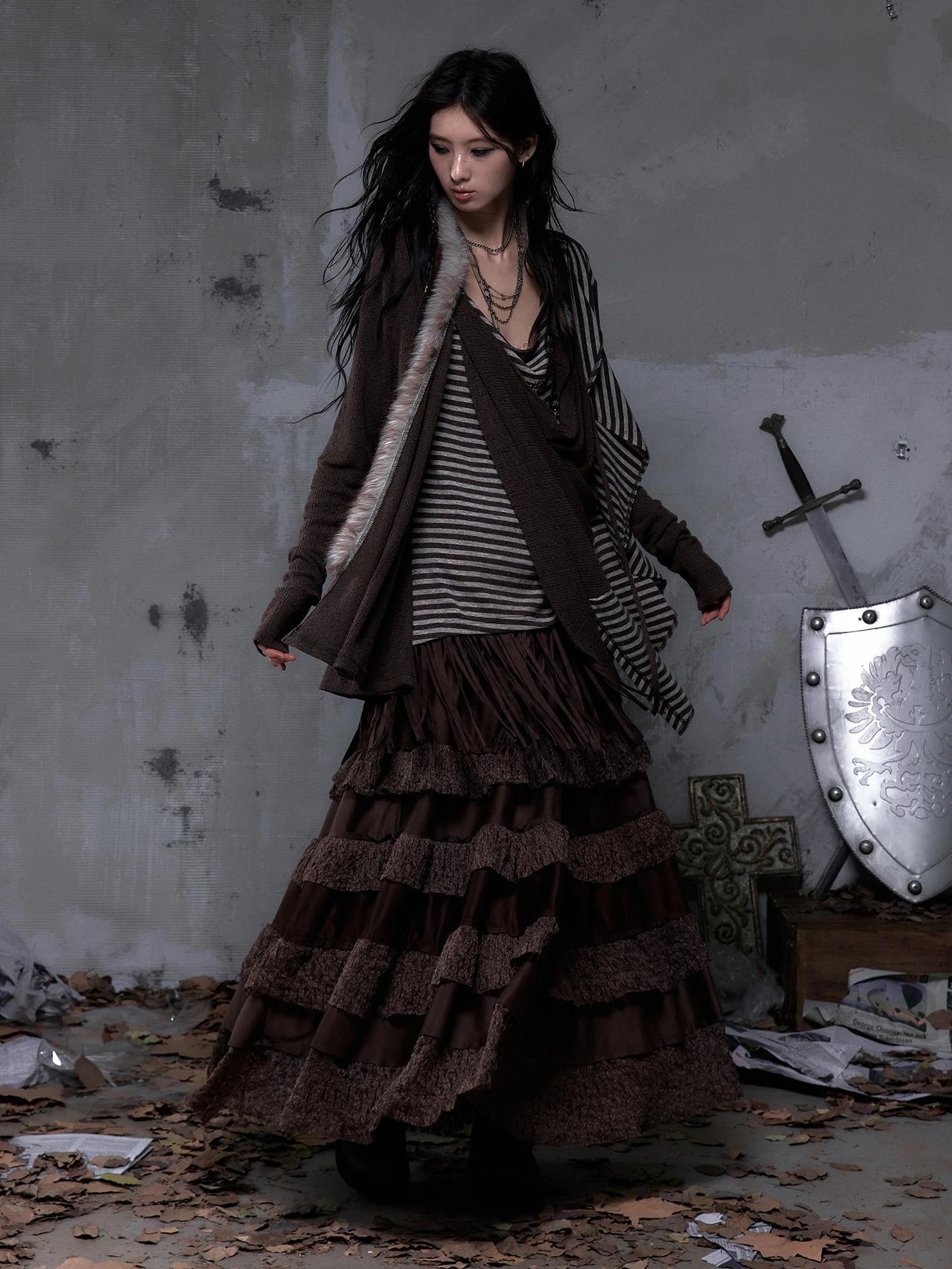 NO ROMANCE Tassel Fringe High Waist A Line Palace Style Women Brown Non Stretch Skirt