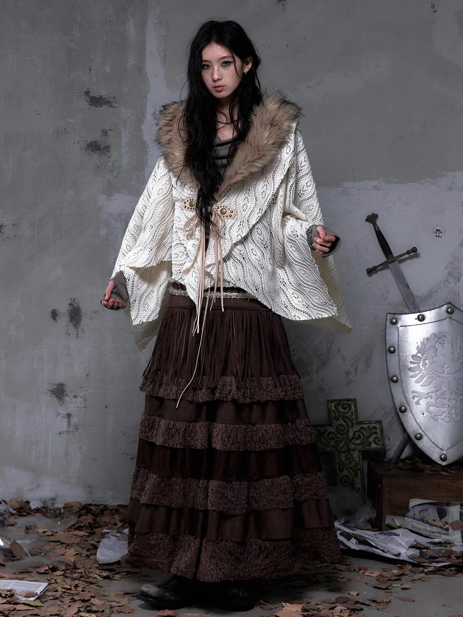 NO ROMANCE Tassel Fringe High Waist A Line Palace Style Women Brown Non Stretch Skirt