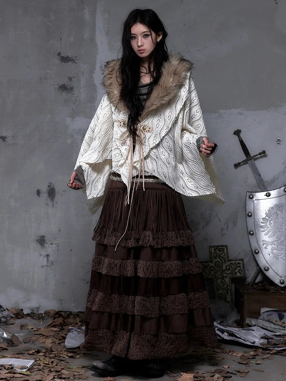 NO ROMANCE Tassel Fringe High Waist A Line Palace Style Women Brown Non Stretch Skirt