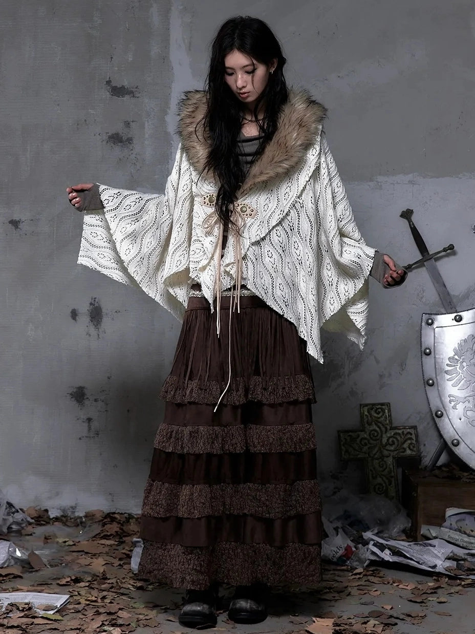 NO ROMANCE Tassel Fringe High Waist A Line Palace Style Women Brown Non Stretch Skirt