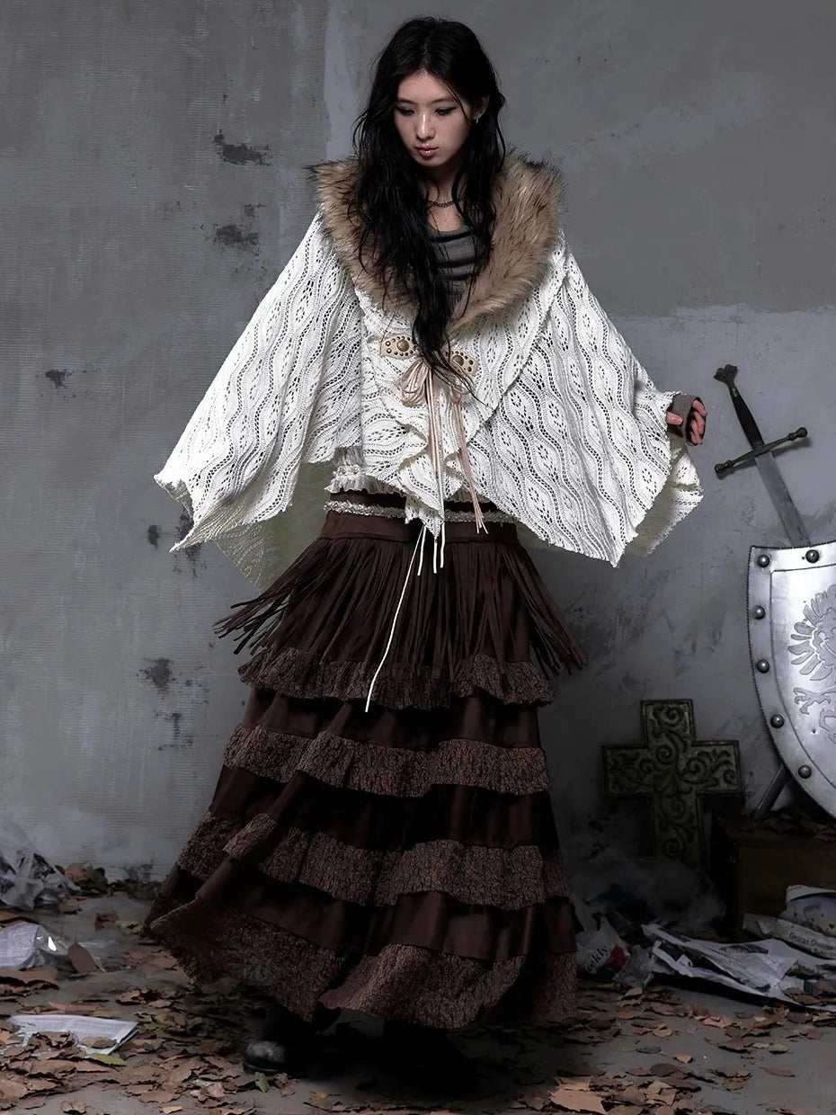 NO ROMANCE Tassel Fringe High Waist A Line Palace Style Women Brown Non Stretch Skirt