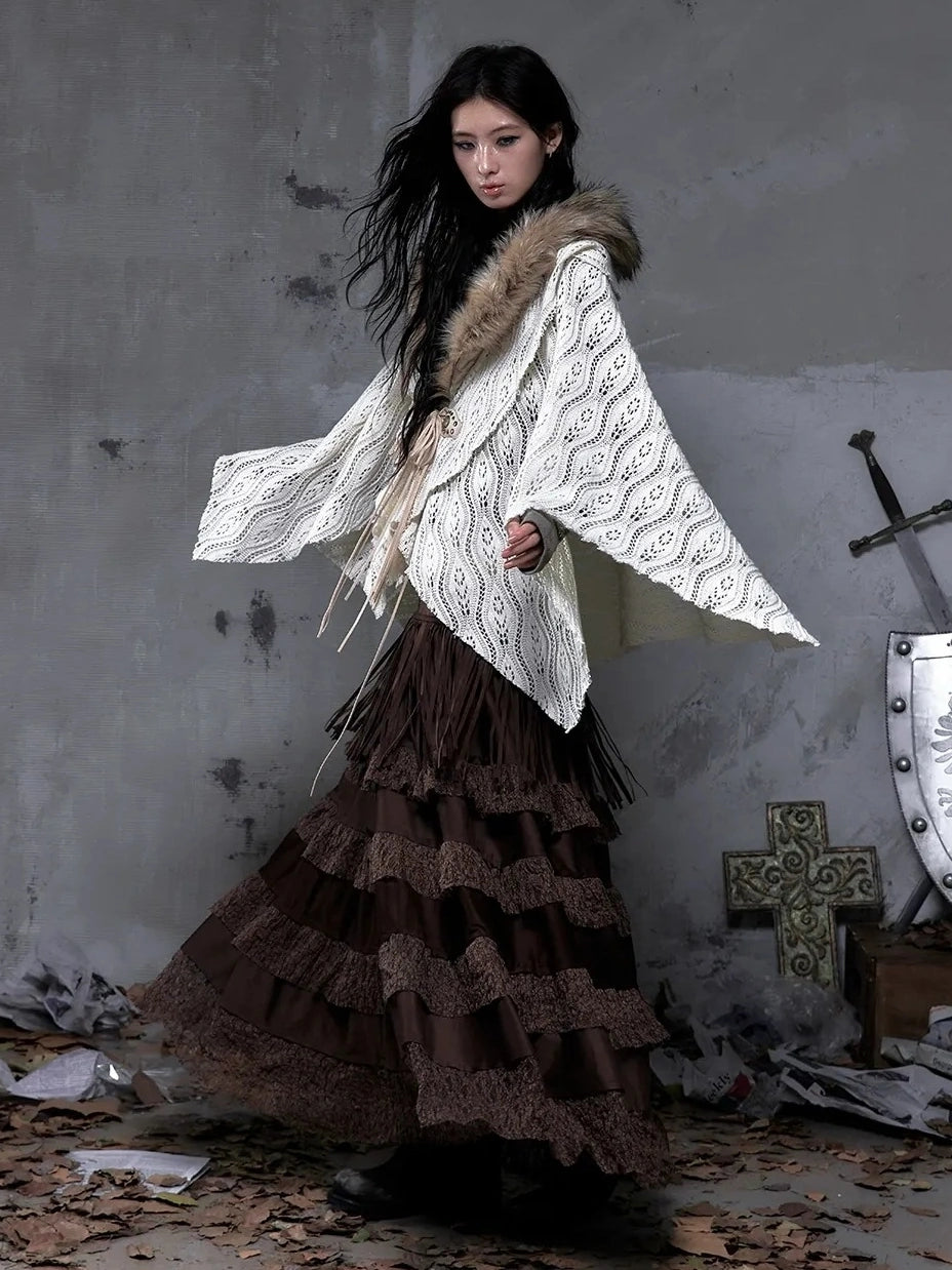 NO ROMANCE Tassel Fringe High Waist A Line Palace Style Women Brown Non Stretch Skirt