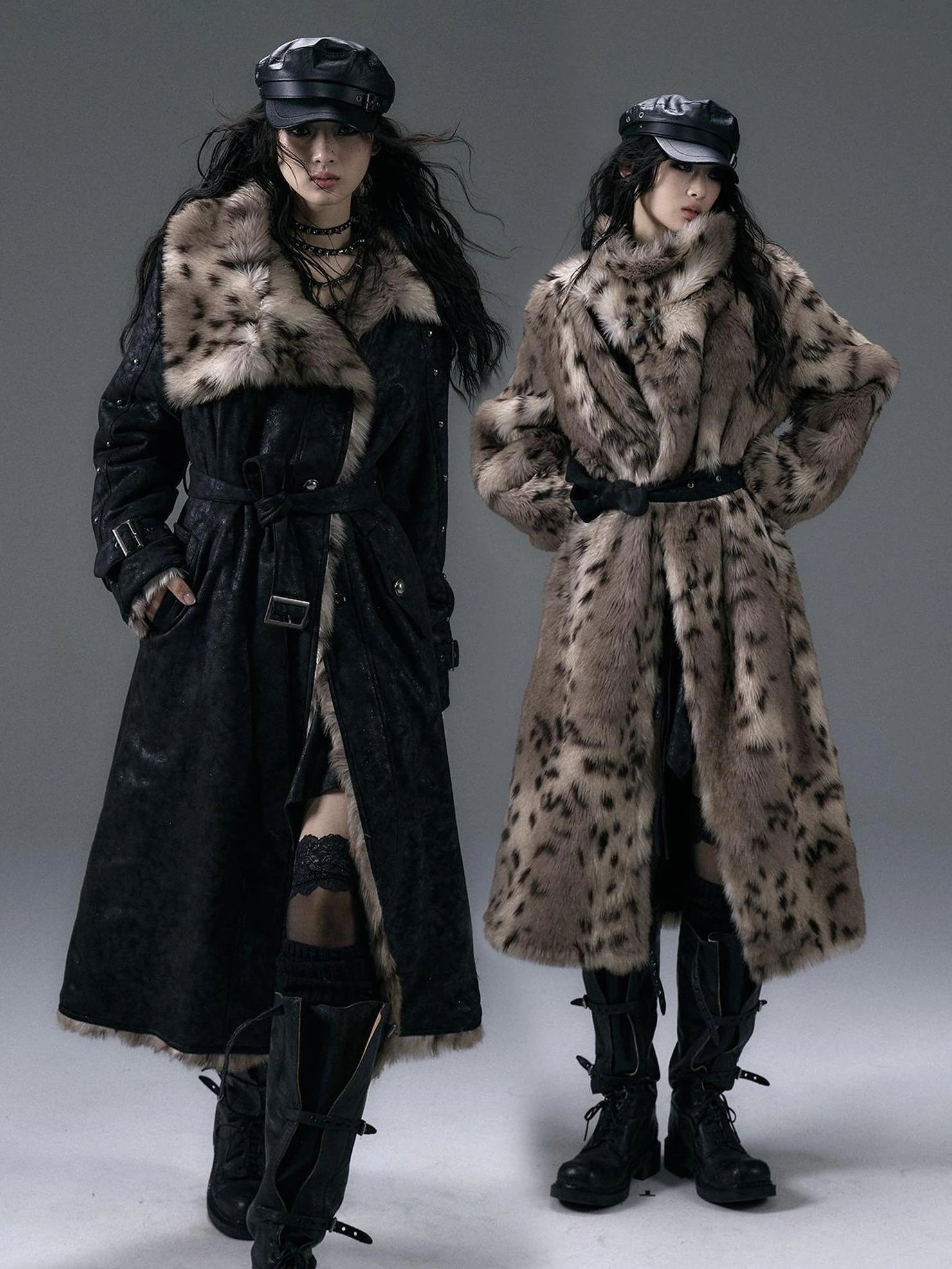 NO ROMANCE Thick Reversible Leopard Fur Patch Long Loose Punk Women Three Button Coat