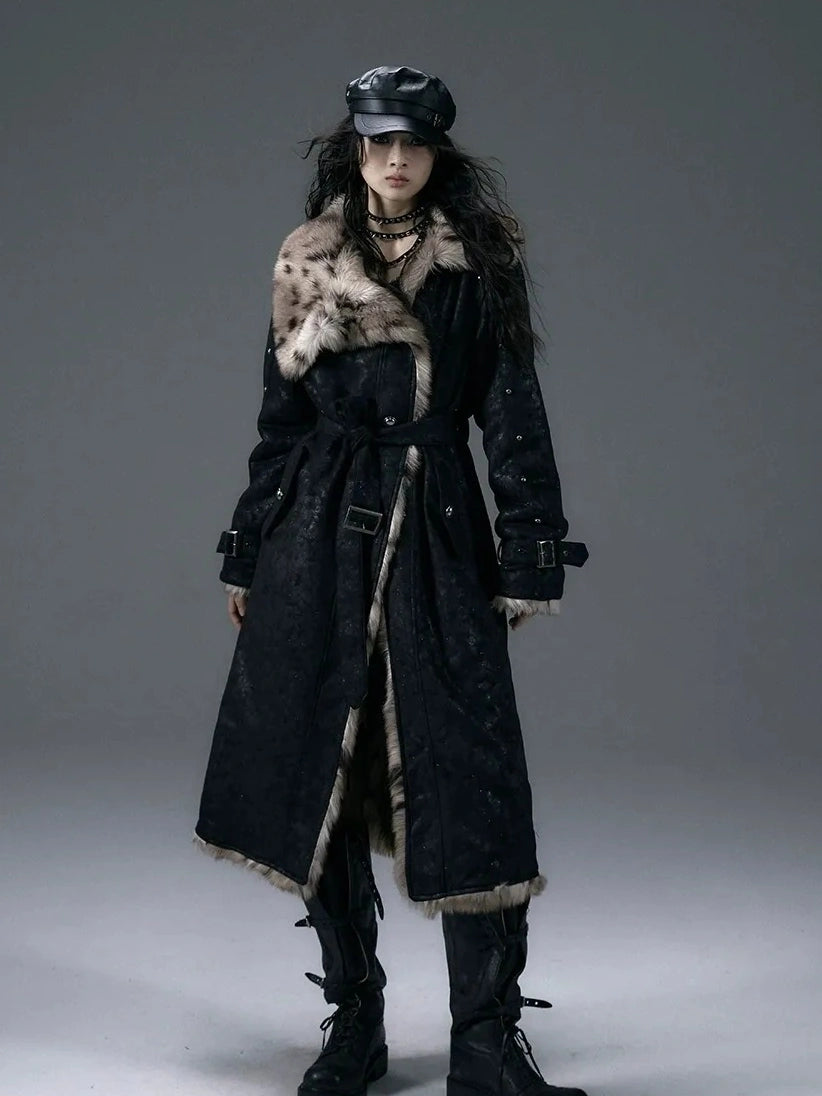 NO ROMANCE Thick Reversible Leopard Fur Patch Long Loose Punk Women Three Button Coat