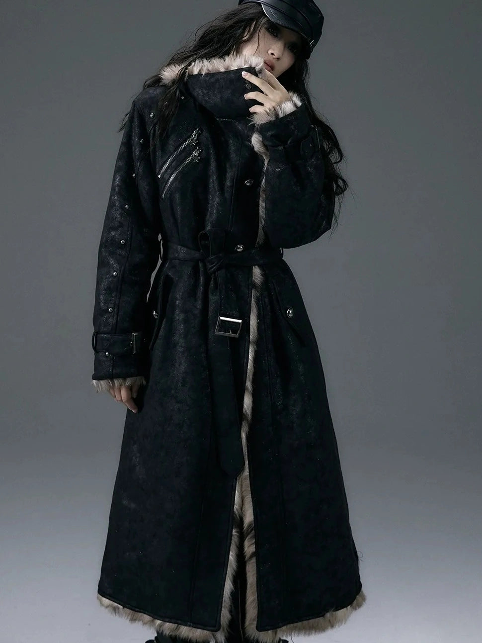 NO ROMANCE Thick Reversible Leopard Fur Patch Long Loose Punk Women Three Button Coat