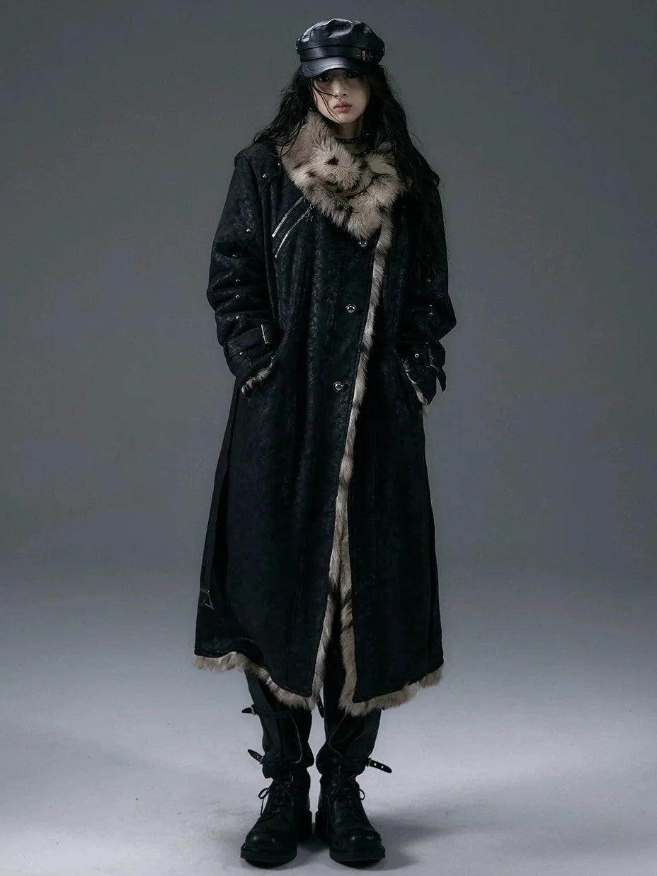 NO ROMANCE Thick Reversible Leopard Fur Patch Long Loose Punk Women Three Button Coat
