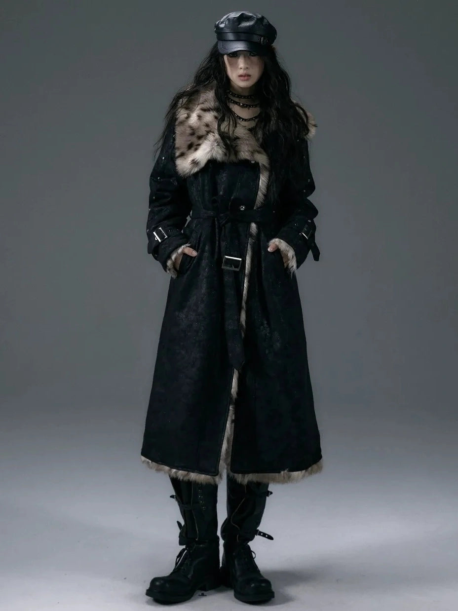 NO ROMANCE Thick Reversible Leopard Fur Patch Long Loose Punk Women Three Button Coat