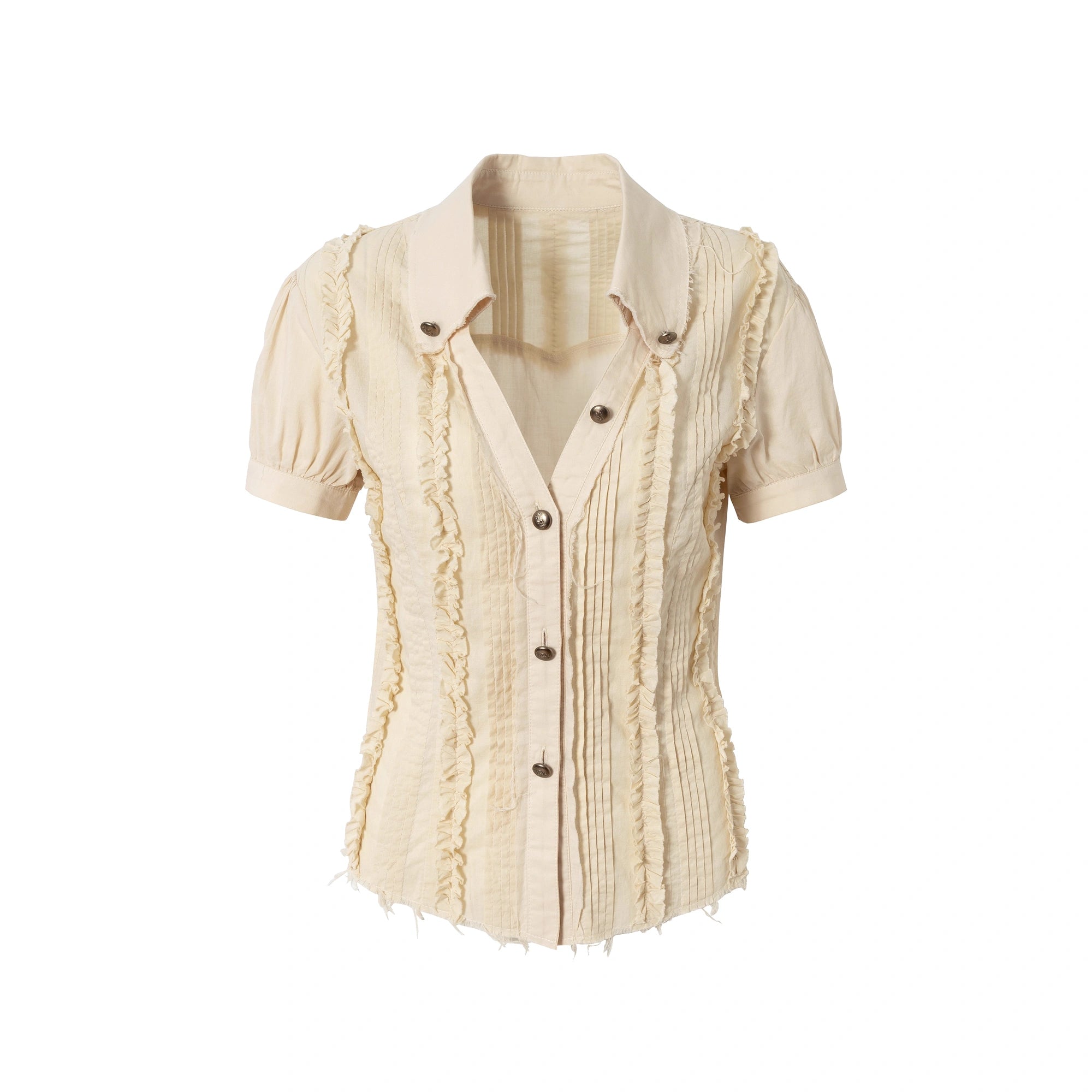 NO_ROMANCE_Uv_Protection_Slim_Fit_V_Neck_Short_Sleeve_Button_Front_Womens_Cotton_Shirt_MISSTT