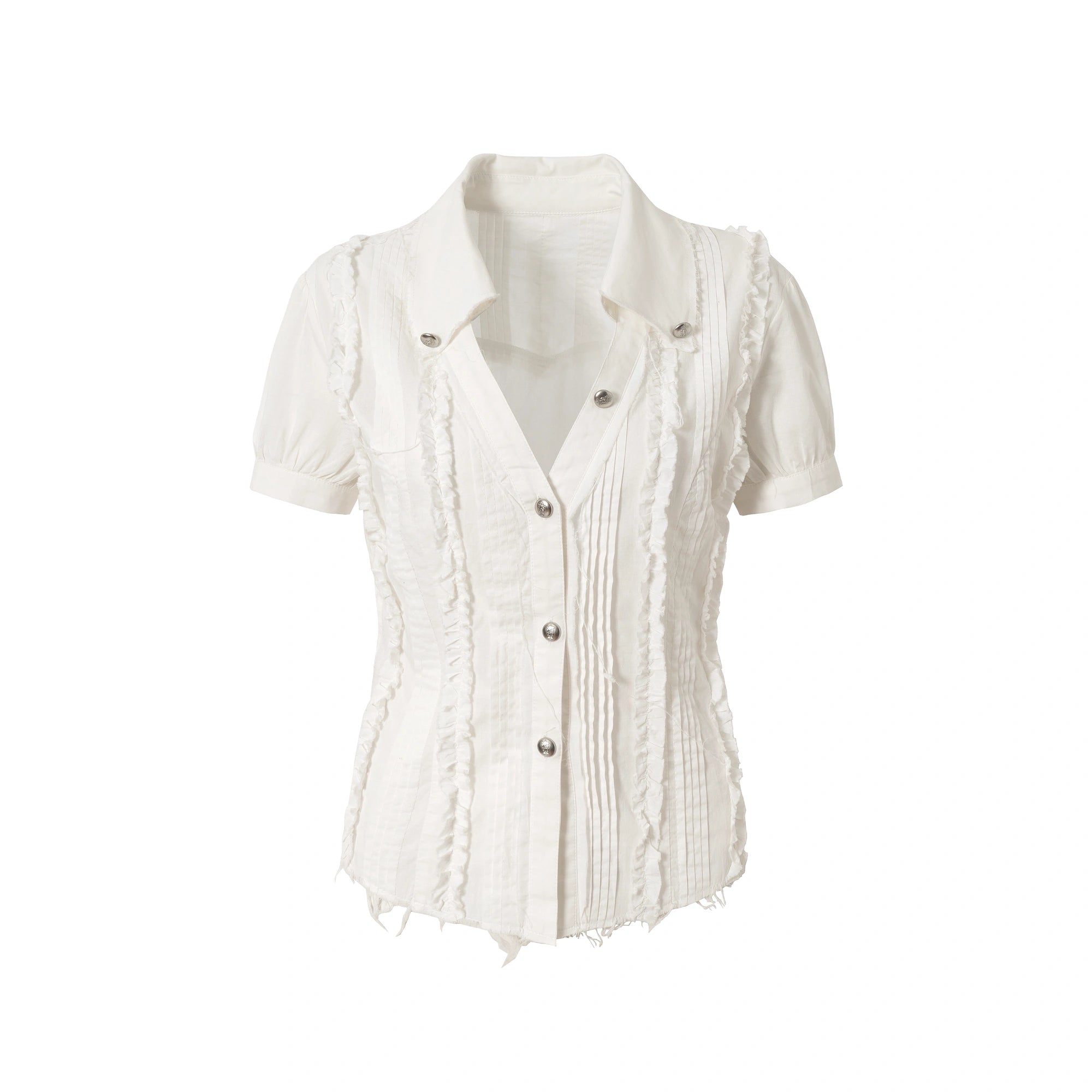 NO_ROMANCE_Uv_Protection_Slim_Fit_V_Neck_Short_Sleeve_Button_Front_Womens_Cotton_Shirt_MISSTT