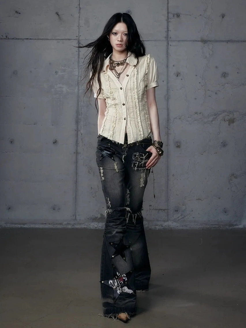 NO ROMANCE Uv Protection Slim Fit V Neck Short Sleeve Button Front Womens Cotton Shirt