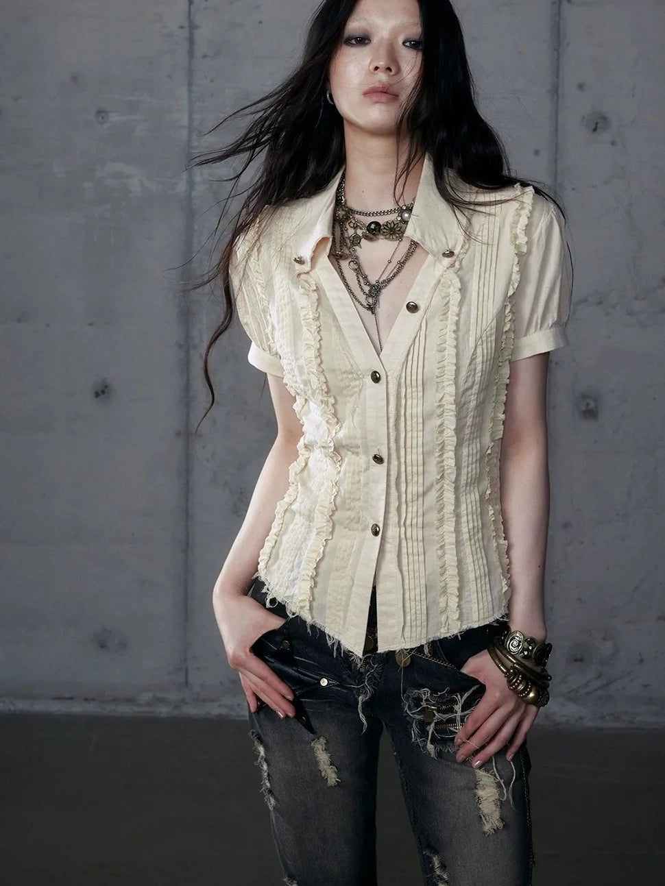 NO ROMANCE Uv Protection Slim Fit V Neck Short Sleeve Button Front Womens Cotton Shirt