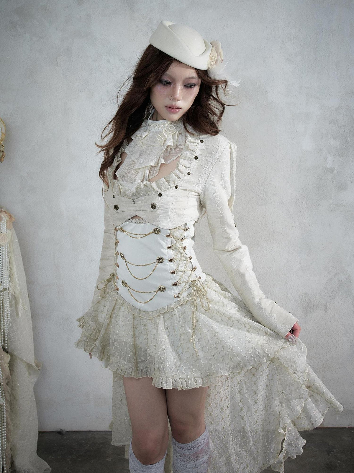 NO ROMANCE Victorian Lace Pu Asymmetric Strapless Women&