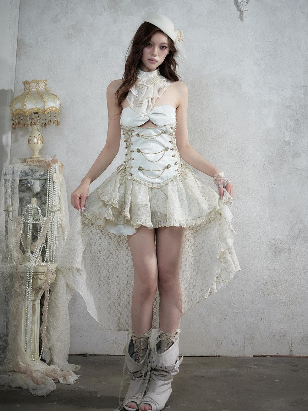 NO ROMANCE Victorian Lace Pu Asymmetric Strapless Women&