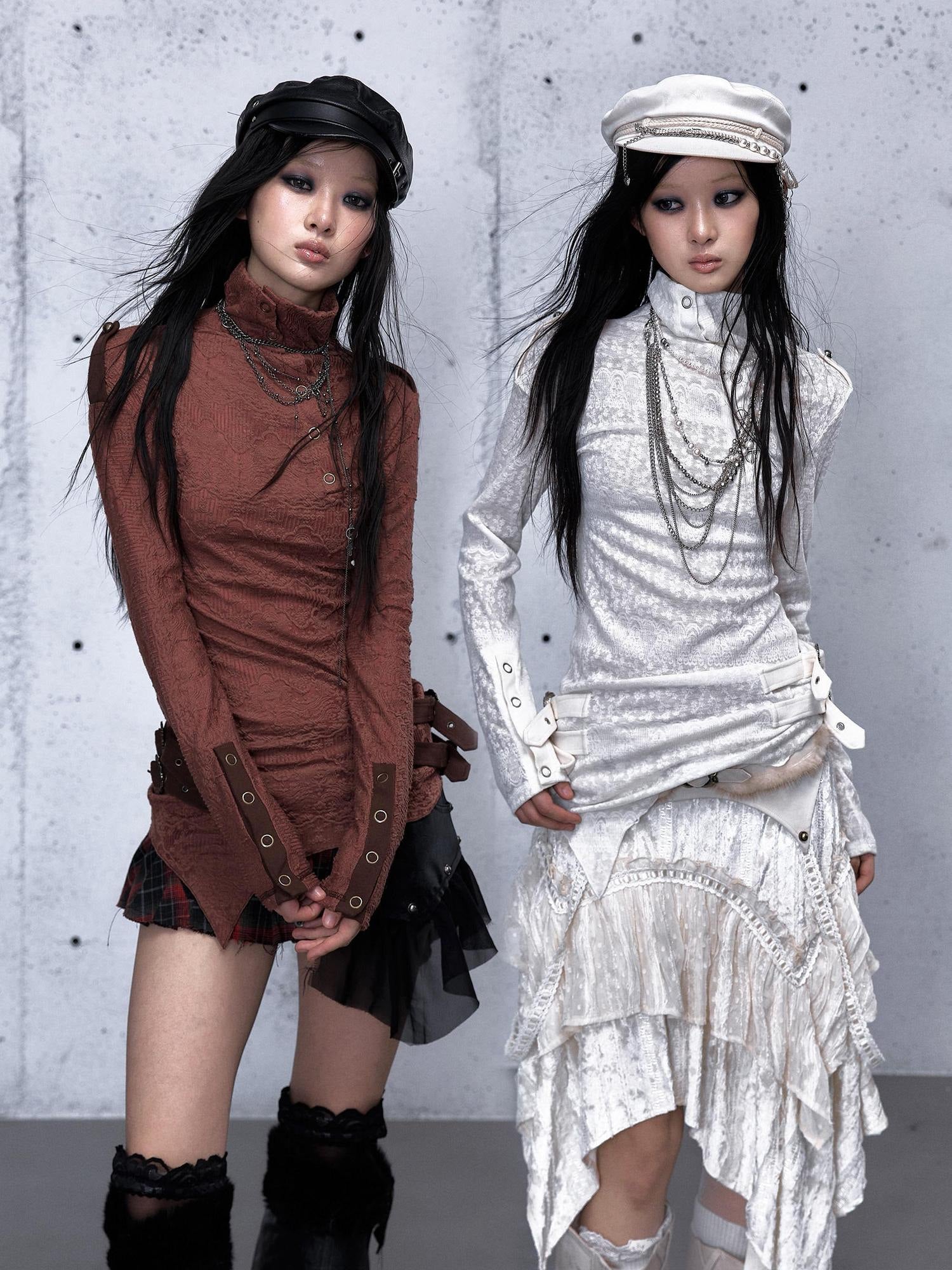 NO ROMANCE Vintage Asymmetric Slim Fit High Neck Long Sleeve Women Rust Red T-Shirt