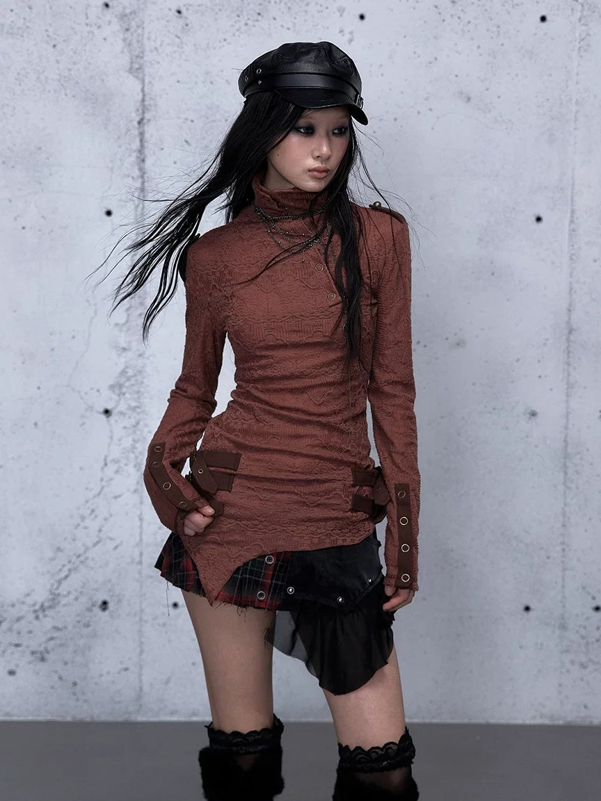 NO ROMANCE Vintage Asymmetric Slim Fit High Neck Long Sleeve Women Rust Red T-Shirt