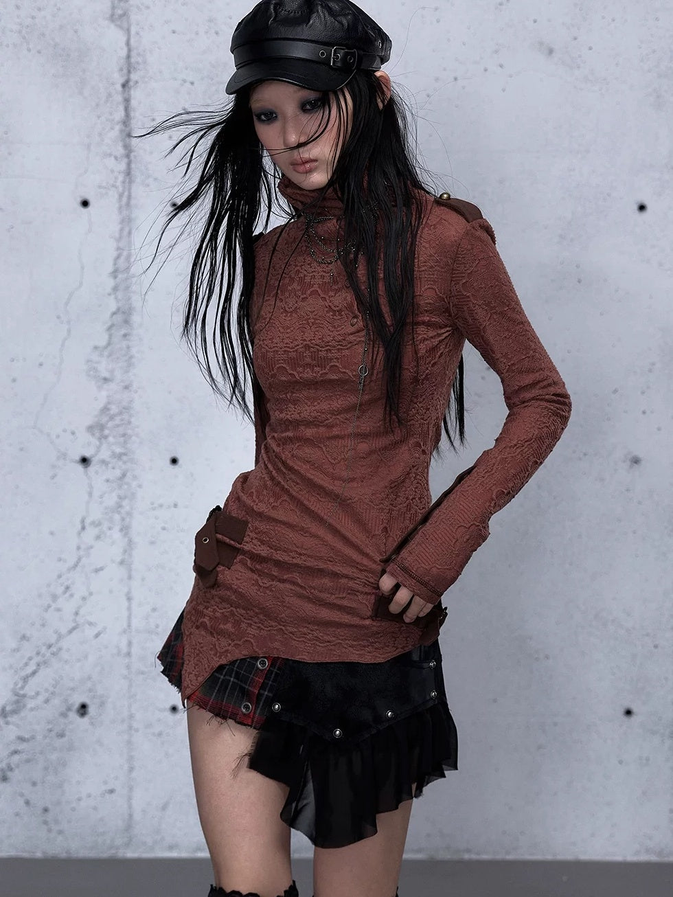 NO ROMANCE Vintage Asymmetric Slim Fit High Neck Long Sleeve Women Rust Red T-Shirt