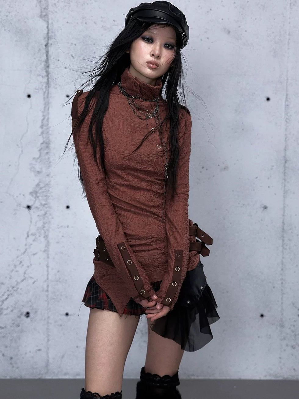 NO ROMANCE Vintage Asymmetric Slim Fit High Neck Long Sleeve Women Rust Red T-Shirt