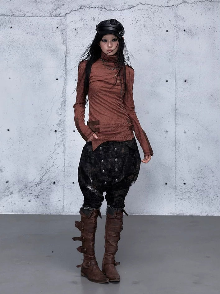 NO ROMANCE Vintage Asymmetric Slim Fit High Neck Long Sleeve Women Rust Red T-Shirt