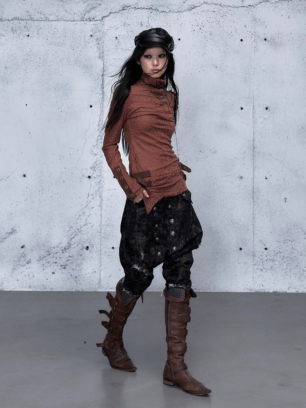 NO ROMANCE Vintage Asymmetric Slim Fit High Neck Long Sleeve Women Rust Red T-Shirt