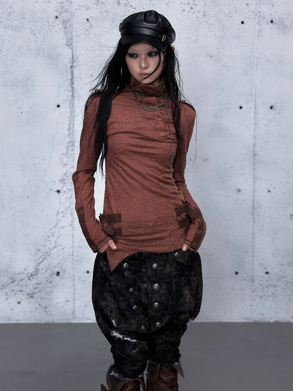 NO ROMANCE Vintage Asymmetric Slim Fit High Neck Long Sleeve Women Rust Red T-Shirt