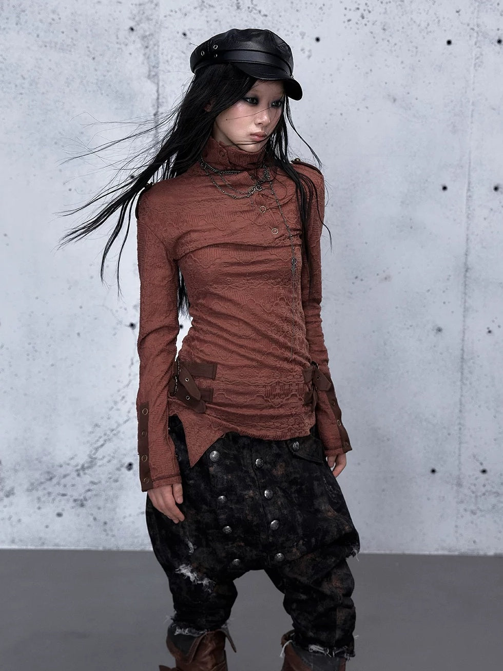 NO ROMANCE Vintage Asymmetric Slim Fit High Neck Long Sleeve Women Rust Red T-Shirt