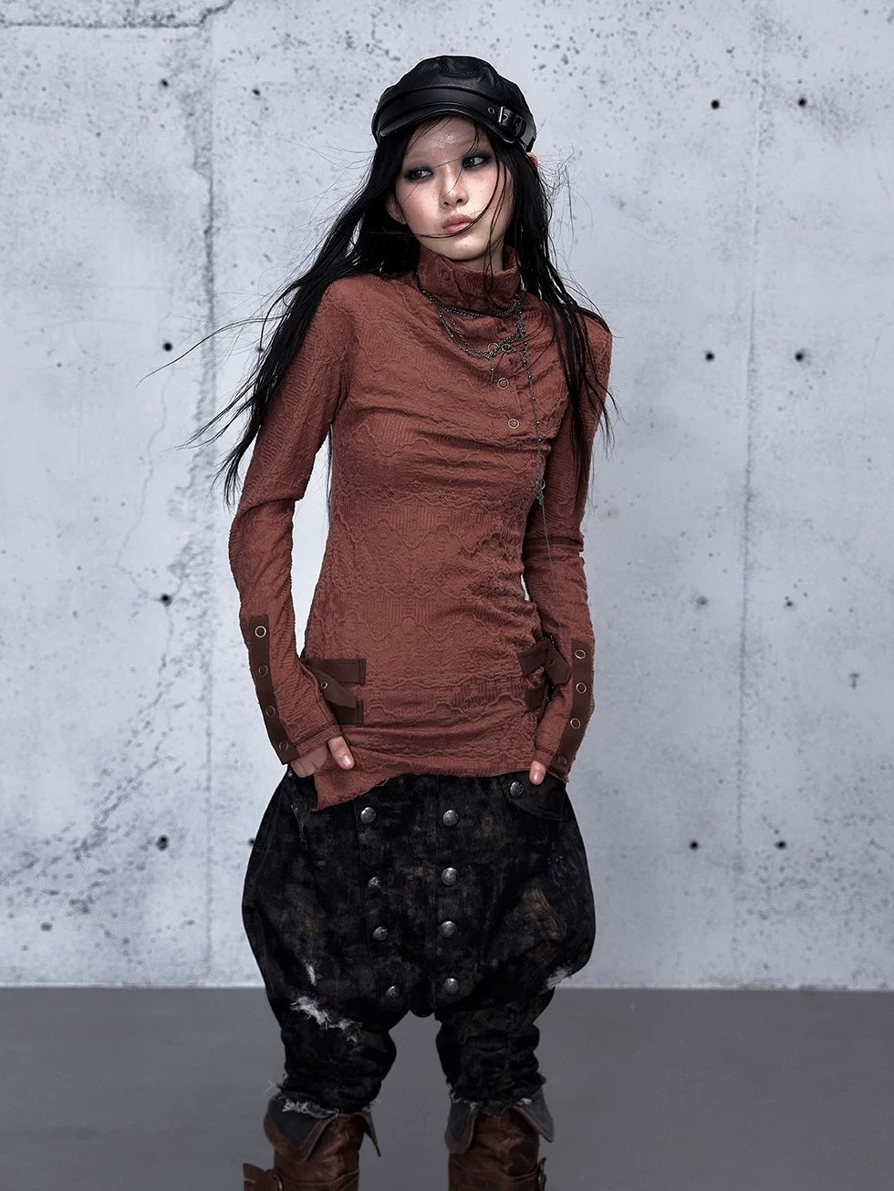 NO ROMANCE Vintage Asymmetric Slim Fit High Neck Long Sleeve Women Rust Red T-Shirt