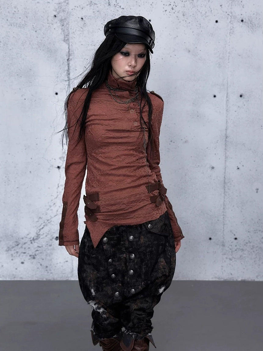 NO ROMANCE Vintage Asymmetric Slim Fit High Neck Long Sleeve Women Rust Red T-Shirt