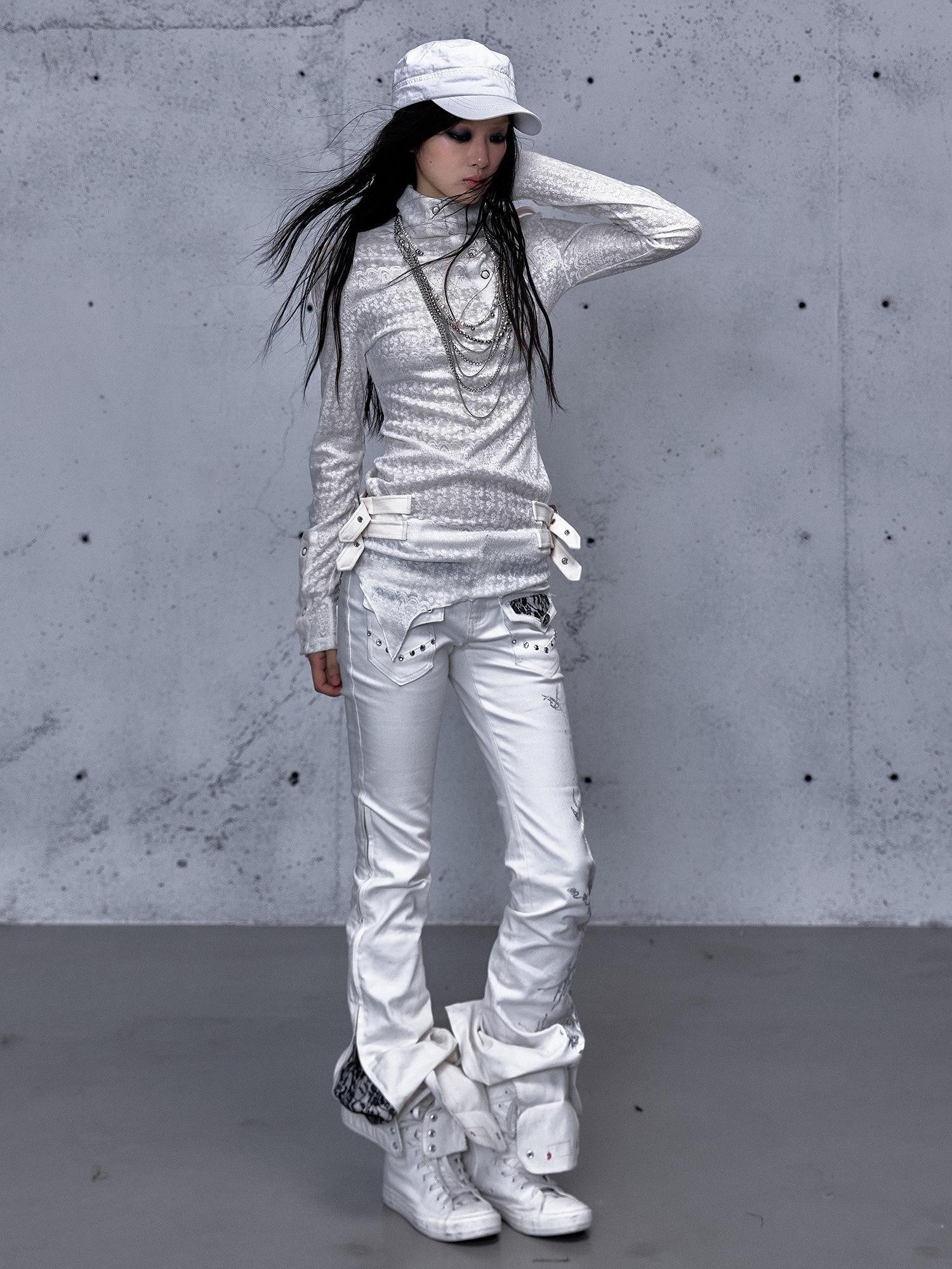 NO ROMANCE Vintage Asymmetric Slim Fit High Neck Long Sleeve Women Rust Red T-Shirt