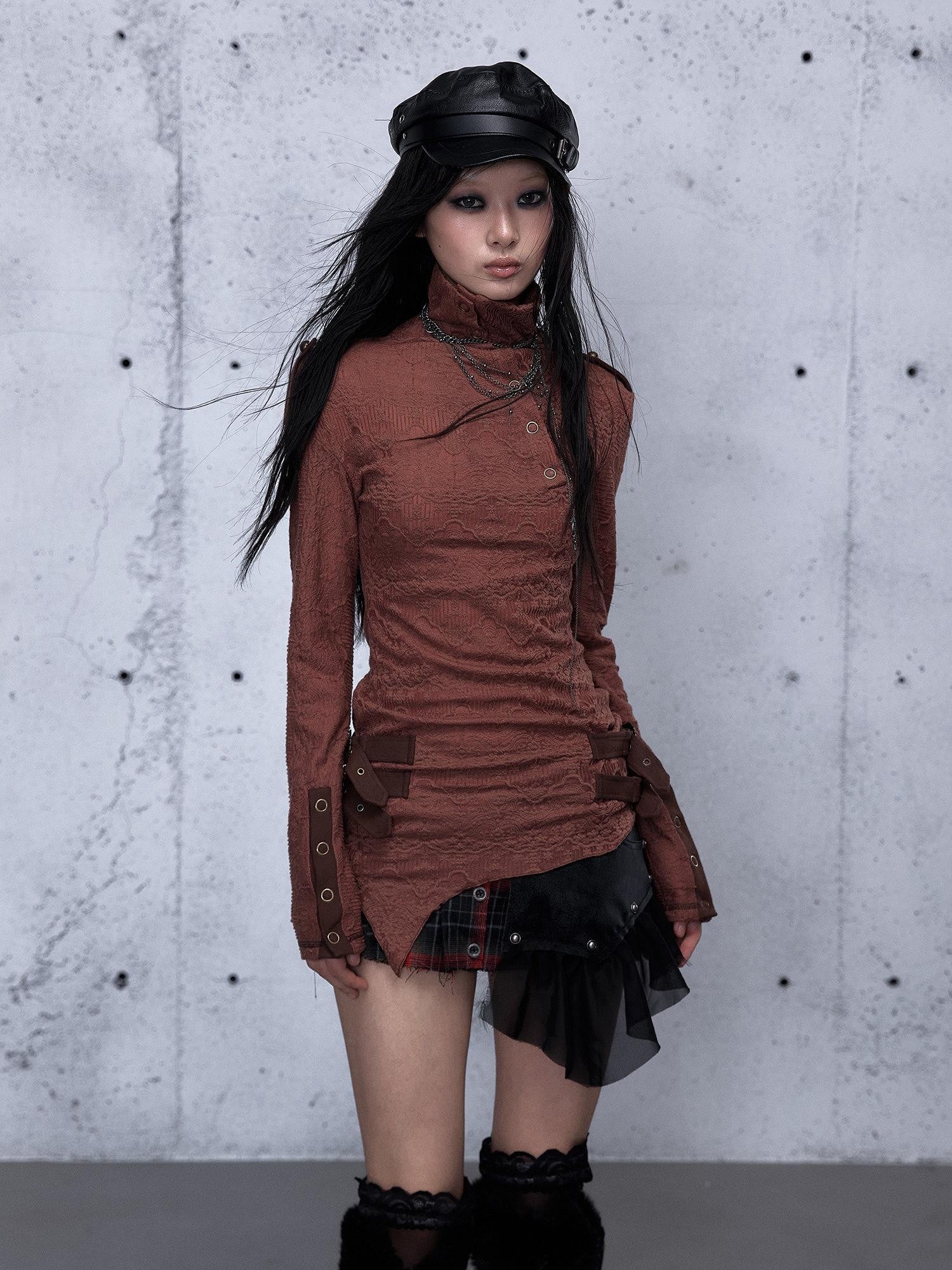 NO ROMANCE Vintage Asymmetric Slim Fit High Neck Long Sleeve Women Rust Red T-Shirt