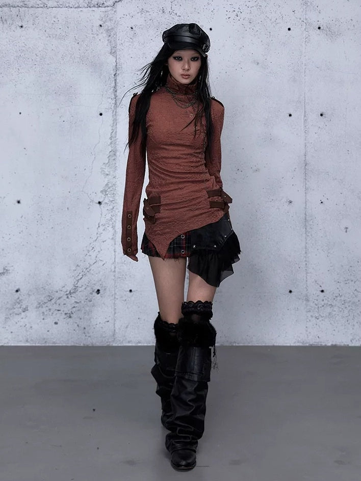 NO ROMANCE Vintage Asymmetric Slim Fit High Neck Long Sleeve Women Rust Red T-Shirt