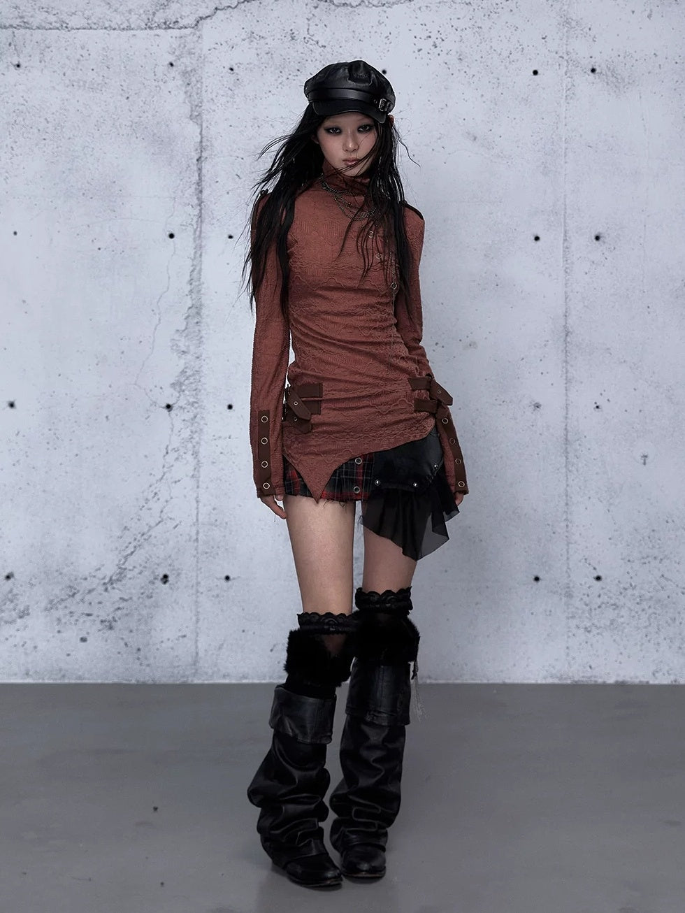 NO ROMANCE Vintage Asymmetric Slim Fit High Neck Long Sleeve Women Rust Red T-Shirt