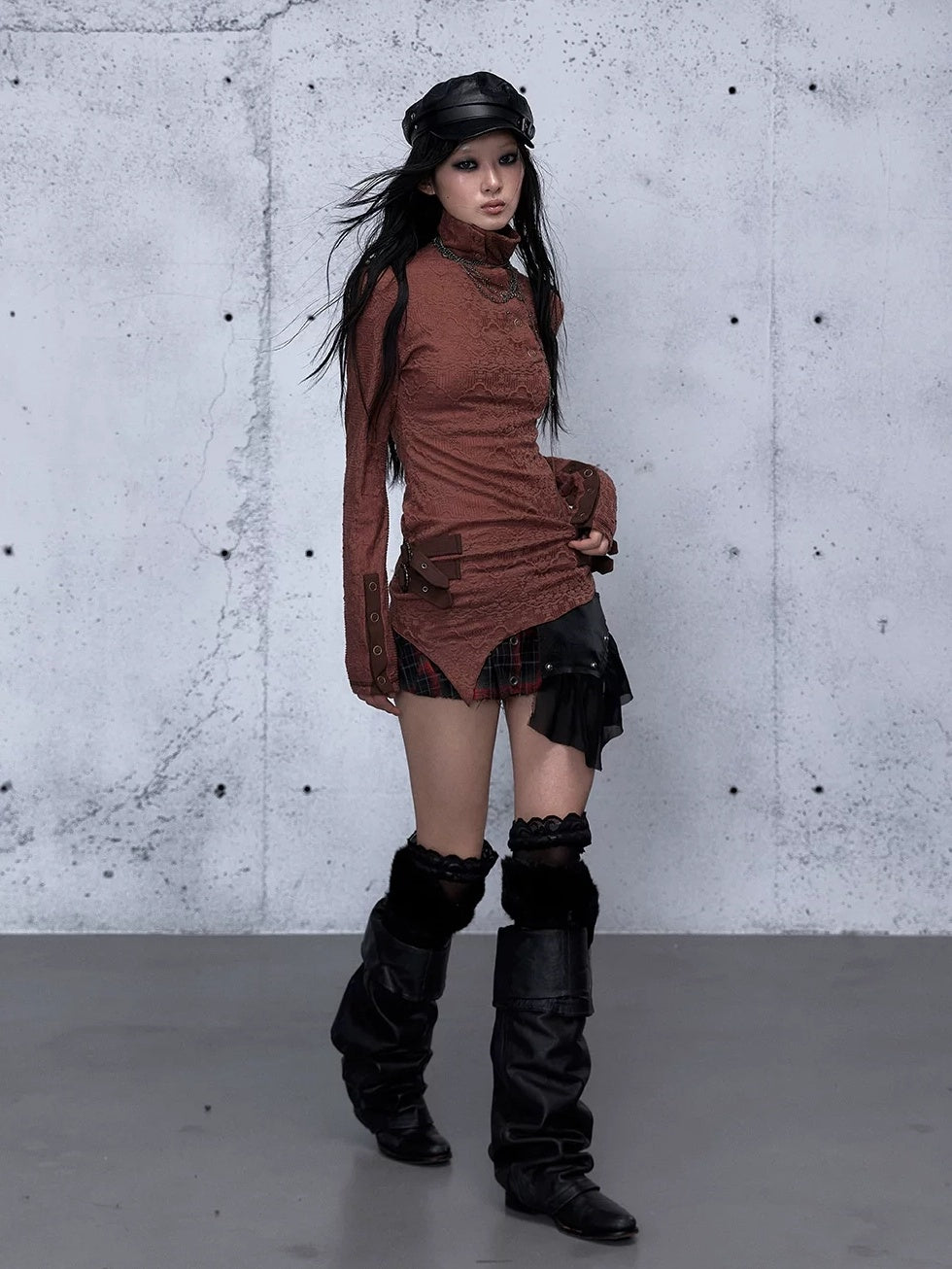 NO ROMANCE Vintage Asymmetric Slim Fit High Neck Long Sleeve Women Rust Red T-Shirt